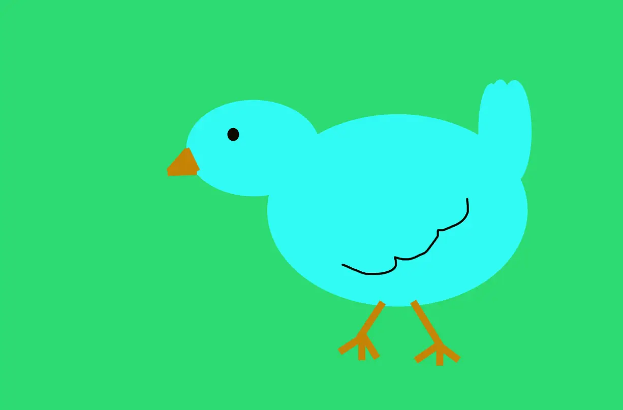 Fuzz's Chicken A digitally drawn blue bird with a green background, featuring an orange beak, black eye, and brown legs, with a rounded body shape.