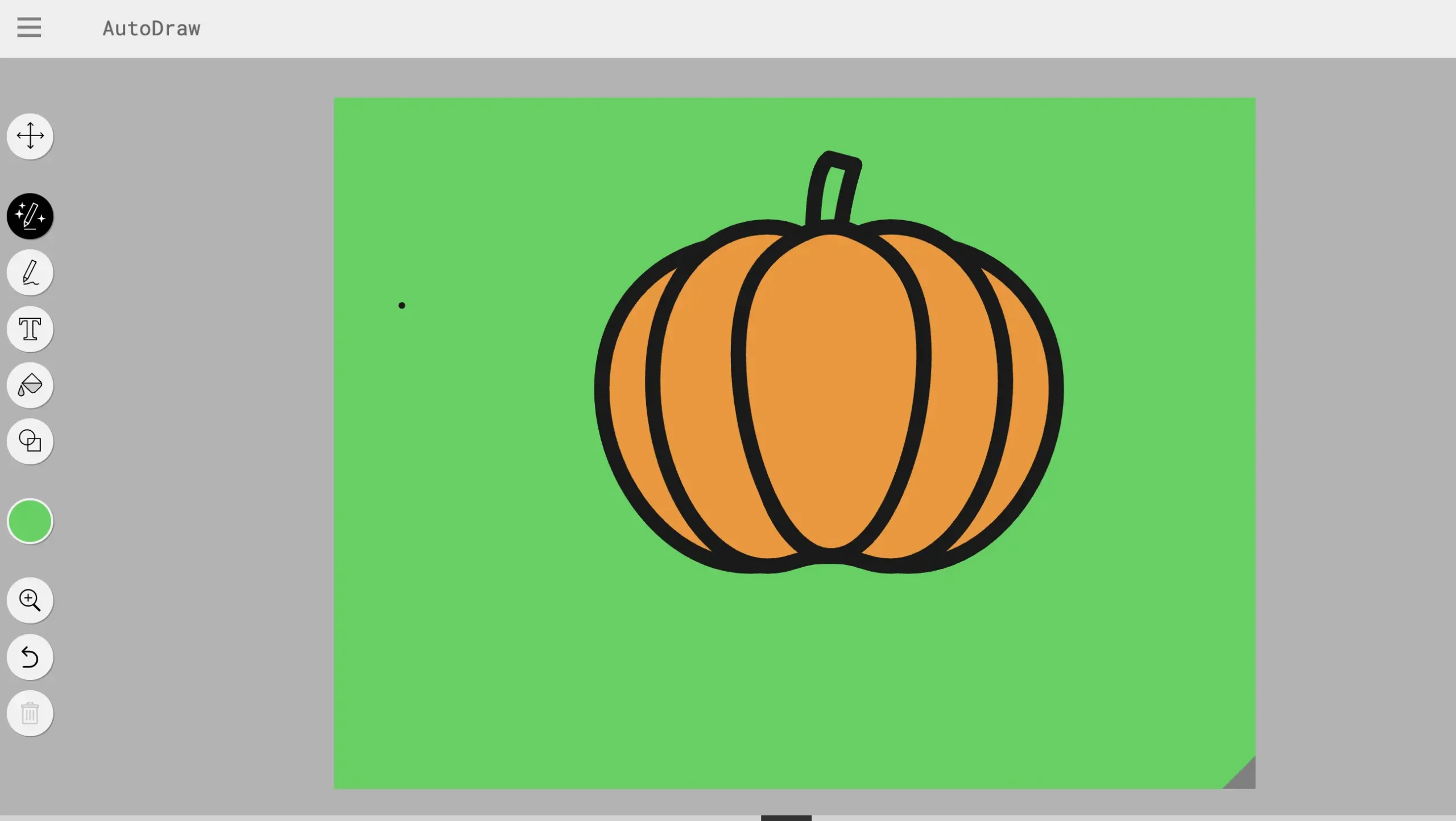 A simple drawing of a pumpkin on a green background, created in a digital drawing tool, with a grey user interface on the sides displaying drawing options and shapes.