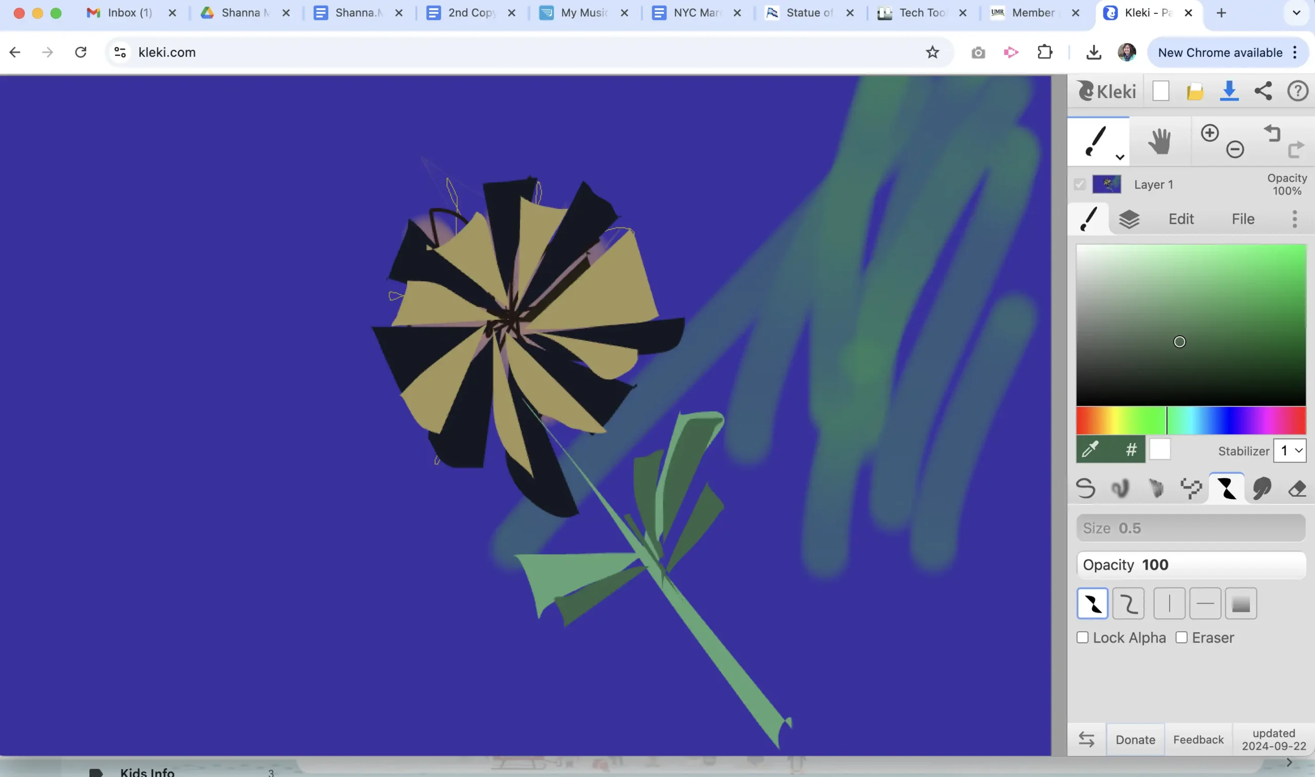 A digital painting created on Kleki, showing a stylized flower with a green stem and leaves, a black and beige layered blossom, and a dark blue background with green brush strokes.