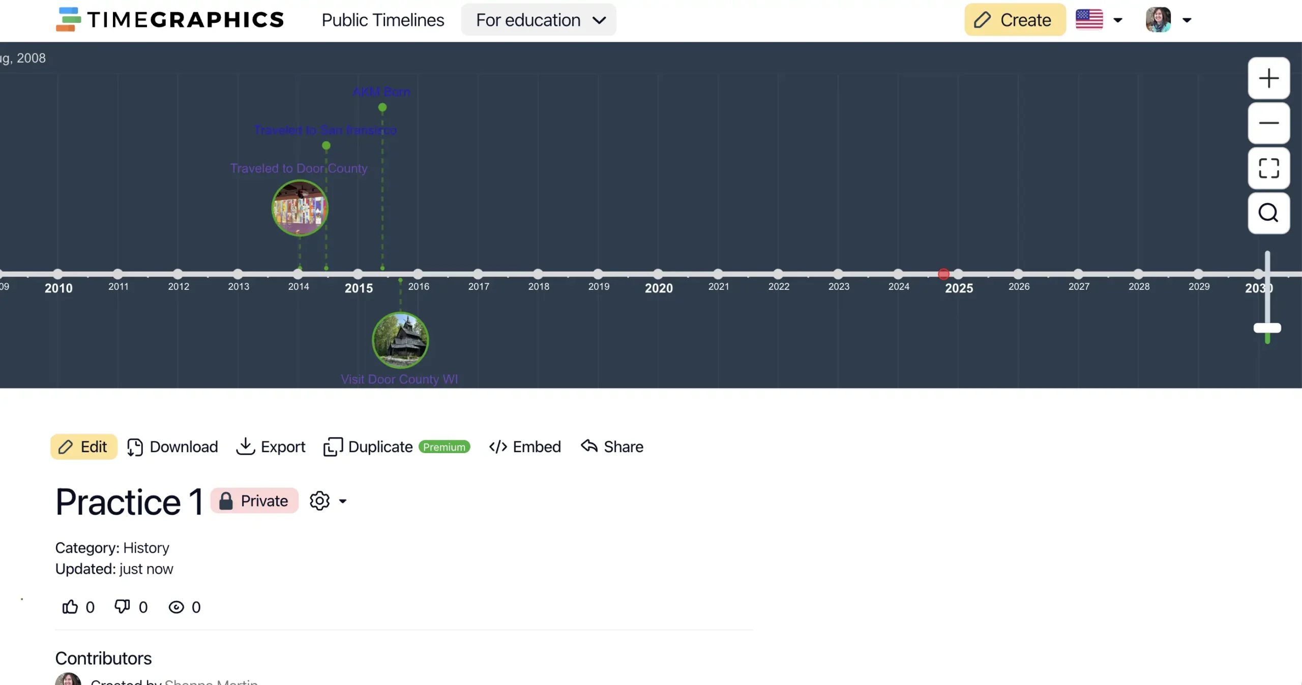 Screenshot of the Time.Graphics platform displaying a timeline titled ‘Practice 1’ under the History category. The timeline spans from 2008 to 2030, with events like ‘AKM Born’ and ‘Visit Door County WI’ marked along the line. Editing options such as ‘Edit,’ ‘Download,’ ‘Export,’ and ‘Duplicate’ are available below the timeline, with a zoom control slider on the right.
