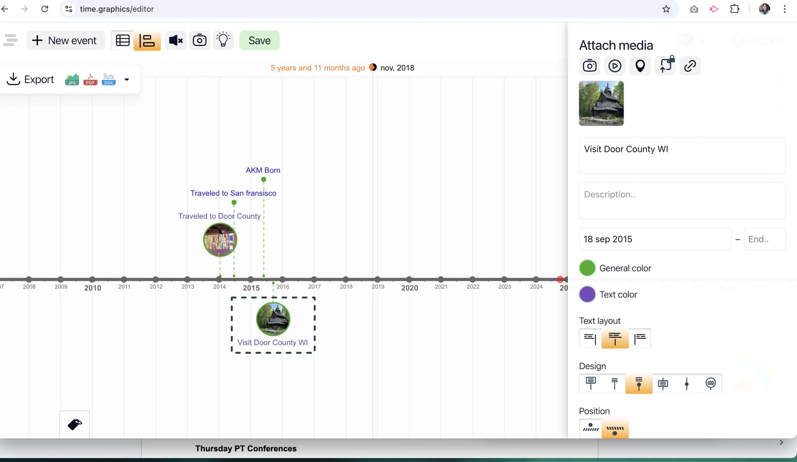 Screenshot of the Time.Graphics export options with a dark-themed timeline background. A selection menu shows export options such as JPG/JPEG, PNG, PDF, Word document, and more. The timeline includes events like ‘Traveled to Door County’ and ‘AKM Born,’ represented by icons and text along a chronological axis.