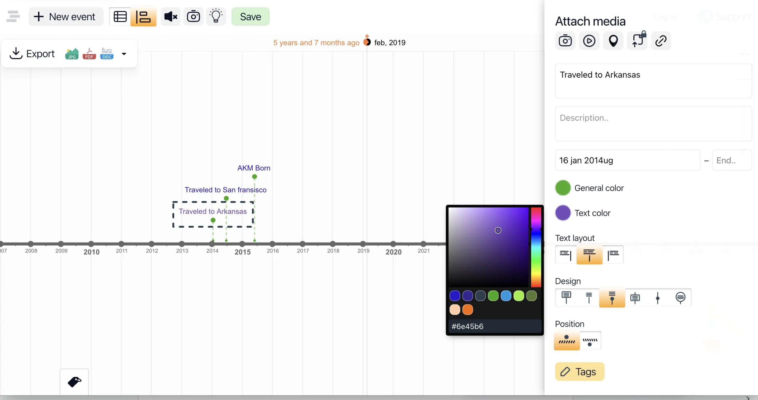 Screenshot of the Time.Graphics editor showing a timeline with events like ‘AKM Born,’ ‘Traveled to Arkansas,’ and ‘Traveled to San Francisco.’ The right panel is open with options to customize text and media for the event ‘Traveled to Arkansas.’ A color palette for text is displayed, with a selected shade of purple (#6e45b6).