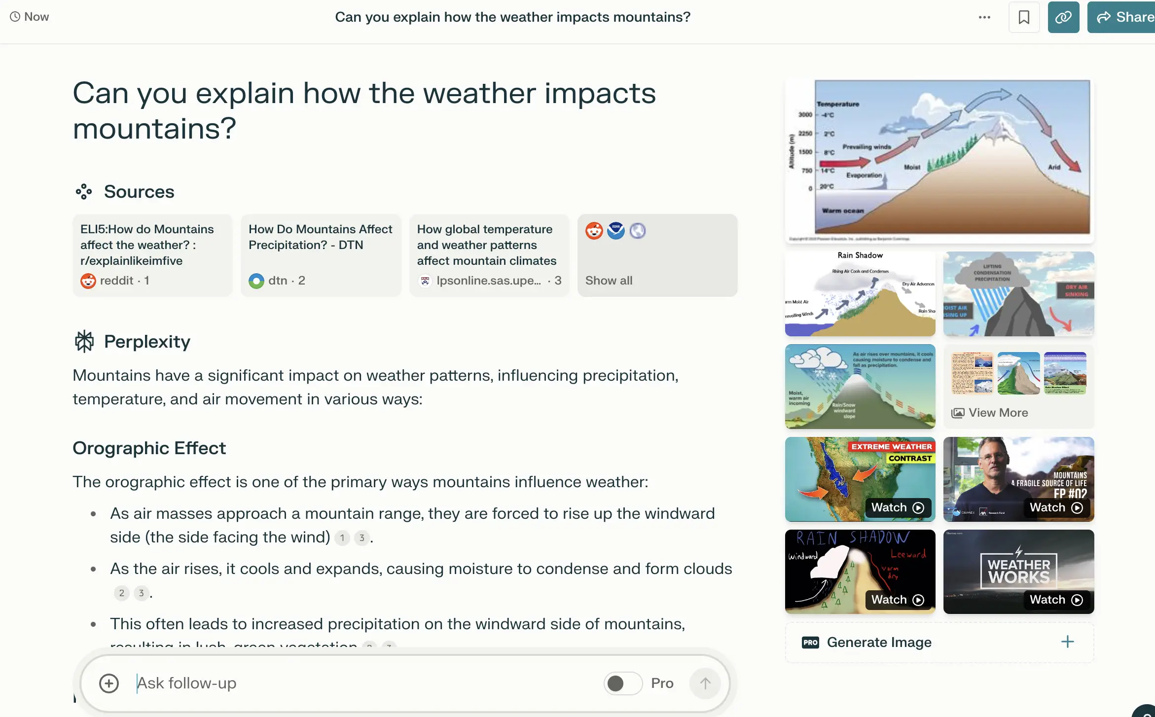 Perplexity AI result page answering the question “Can you explain how the weather impacts mountains?” with sources and an explanation on the orographic effect, accompanied by related images of mountain weather patterns and diagrams.