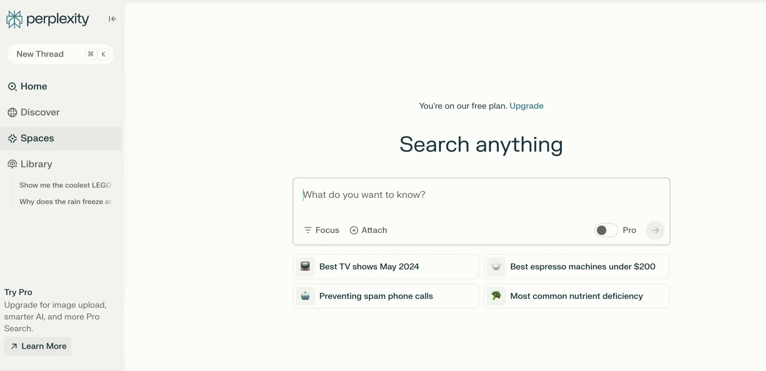 Screenshot of the Perplexity AI homepage with a search bar asking, “What do you want to know?” and example queries like “Best TV shows May 2024” and “Most common nutrient deficiency” below the search bar.