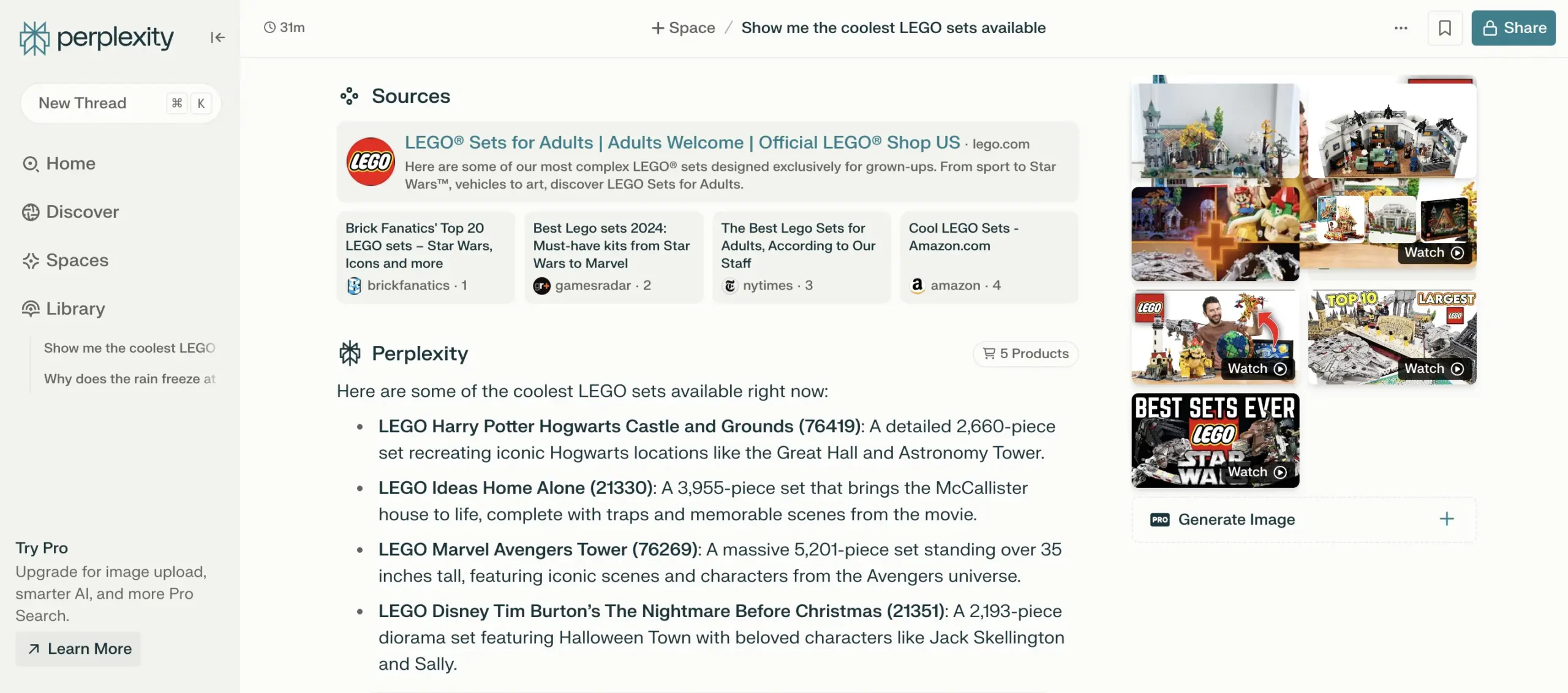 Screenshot from Perplexity AI listing “coolest LEGO sets available,” featuring detailed LEGO set descriptions, including Harry Potter Hogwarts Castle and Marvel Avengers Tower, along with related images and videos.