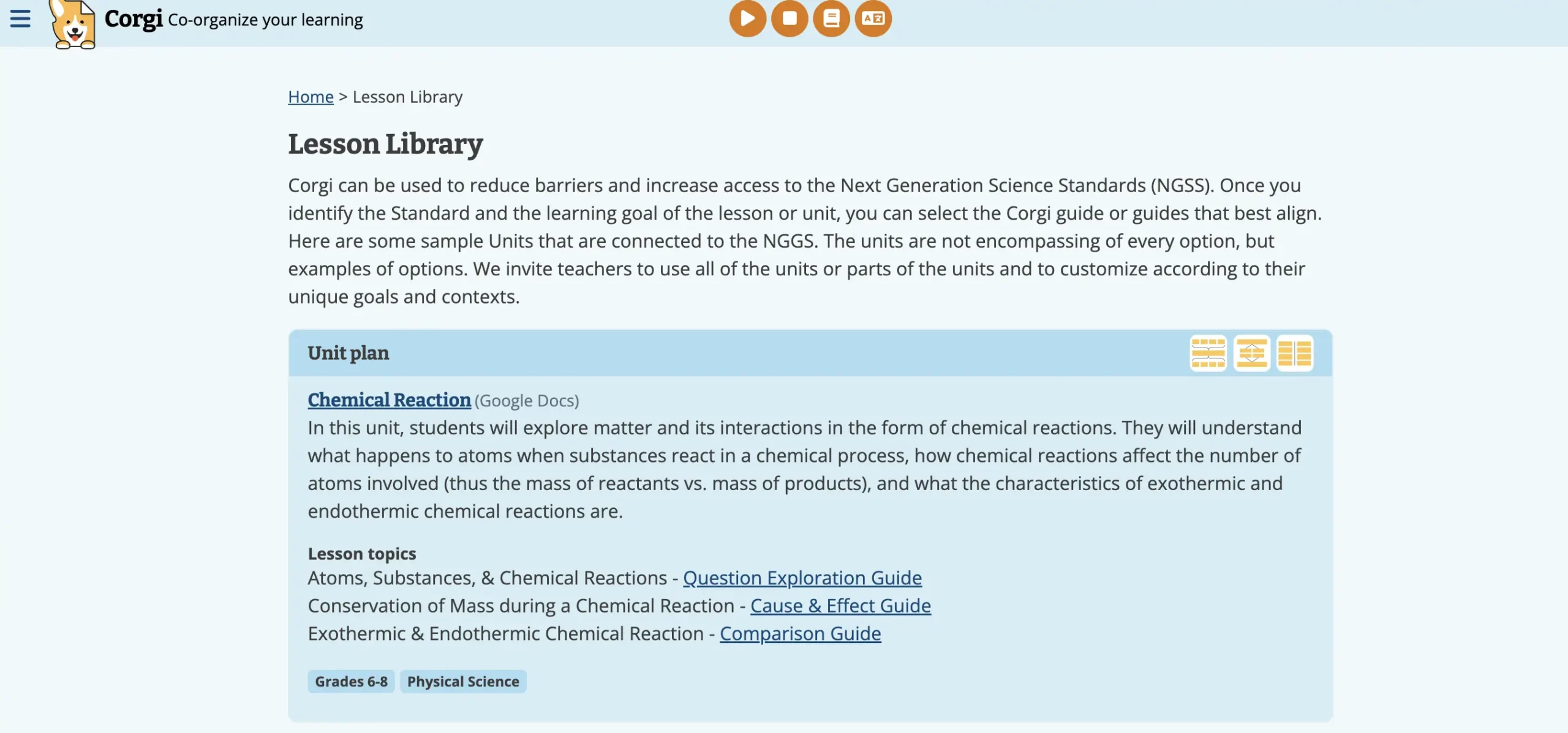 Screenshot of the Corgi Lesson Library page featuring a unit plan on chemical reactions for grades 6–8. The description explains how the tool supports Next Generation Science Standards (NGSS) with linked guides such as a Question Exploration Guide and Cause & Effect Guide.