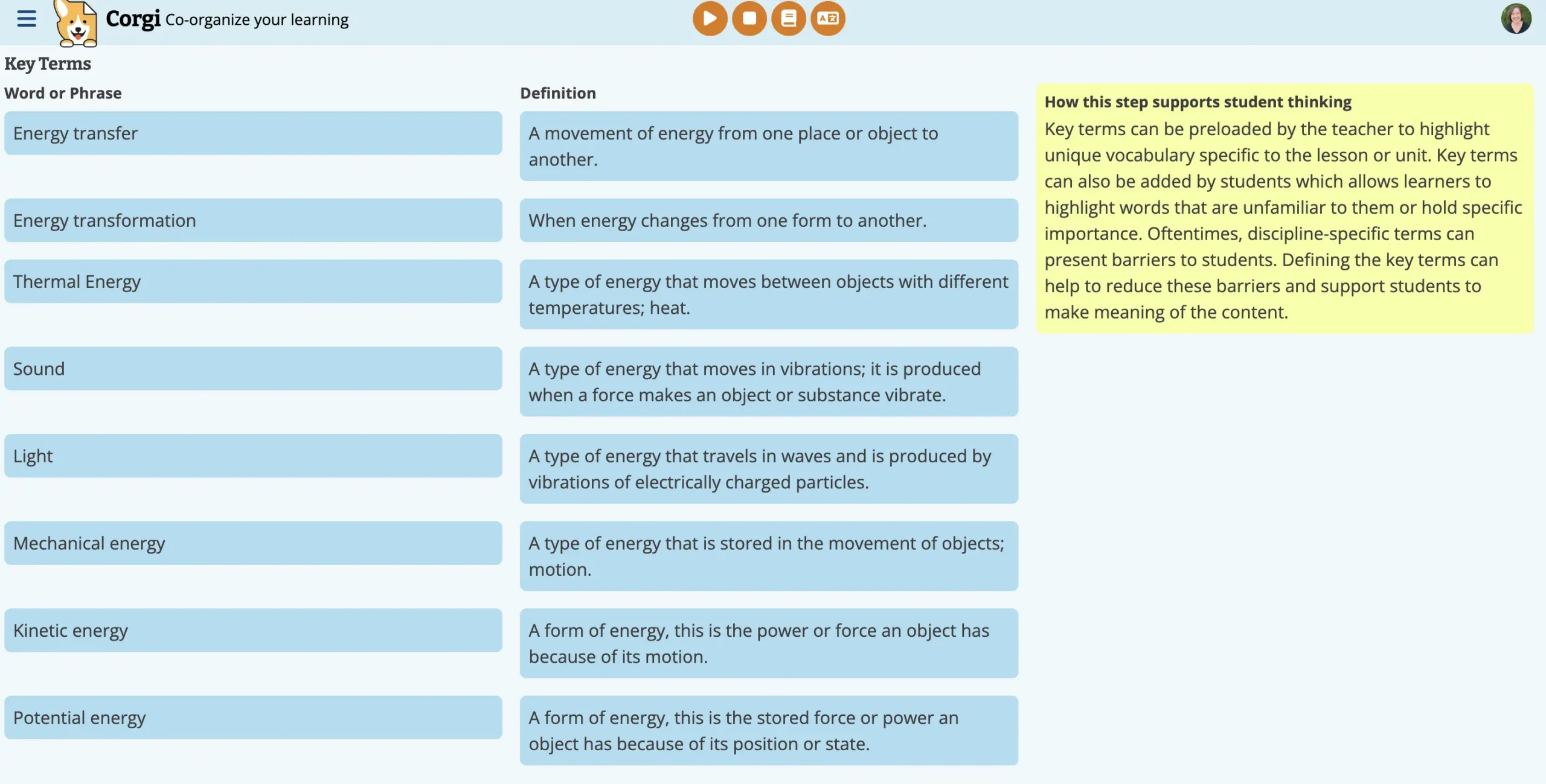 Screenshot of the Corgi Key Terms page showing vocabulary definitions like energy transfer, thermal energy, and kinetic energy. A yellow box on the side explains how defining key terms supports student learning by reducing barriers.