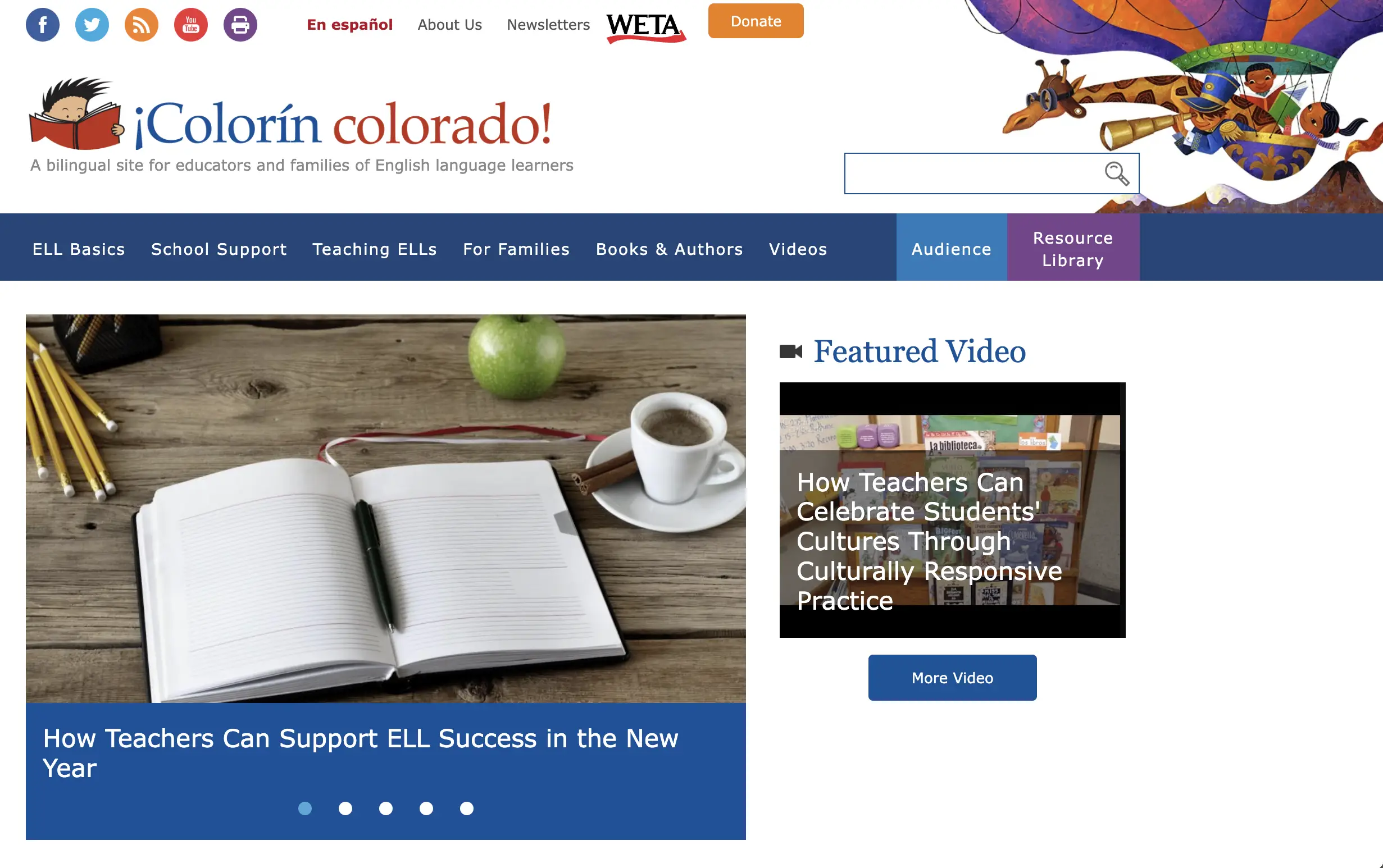 A screenshot of the “ELL Starter Kit for Educators” webpage. It highlights resources for tracking English language learners’ progress, including downloadable forms for monitoring language performance and oral communication skills. The title is displayed prominently, with a blue “See Guide” button below. The page features a small image of the kit cover, a logo for “¡Colorín Colorado!” with a child reading a book, and a list of provided resources.