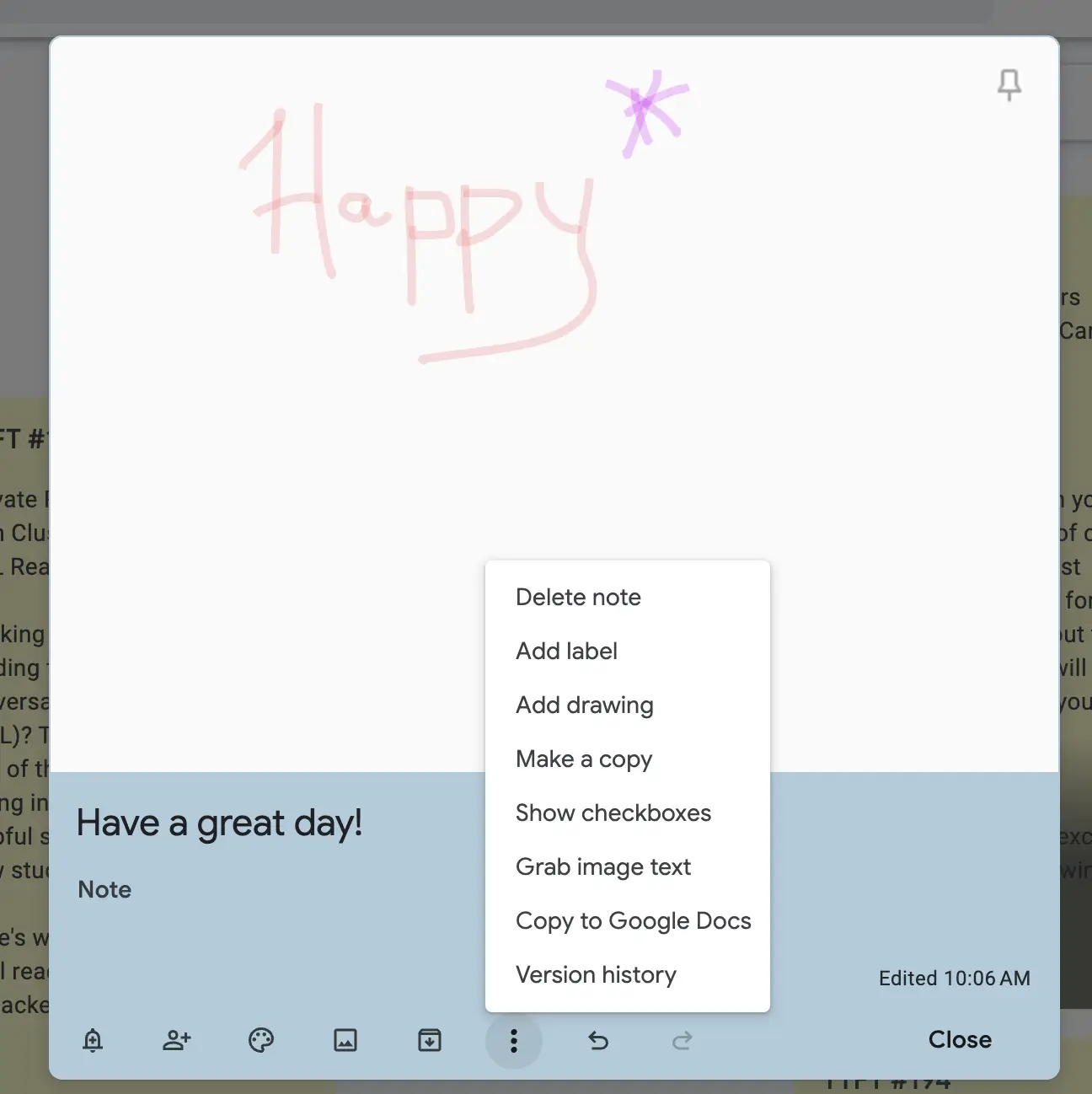 Screenshot of a Google Keep note showing menu options, including âDelete note,â âAdd label,â âAdd drawing,â âMake a copy,â âShow checkboxes,â âGrab image text,â âCopy to Google Docs,â and âVersion history.â The note contains the handwritten word âHappyâ and a purple star.