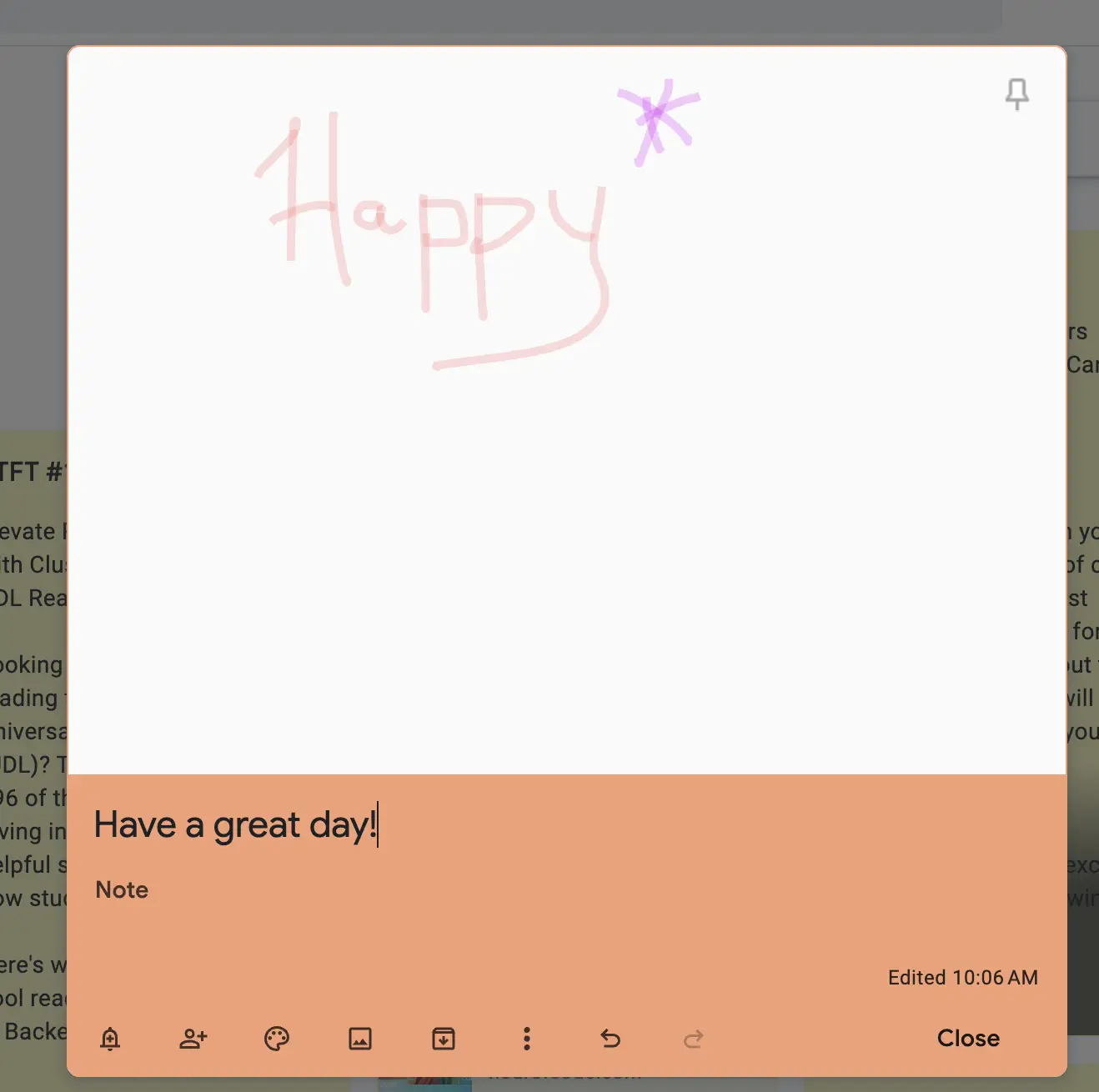 Screenshot of a handwritten note on lined paper within Google Keep. The note says âHappyâ in large pink letters, with a purple star drawn above it.