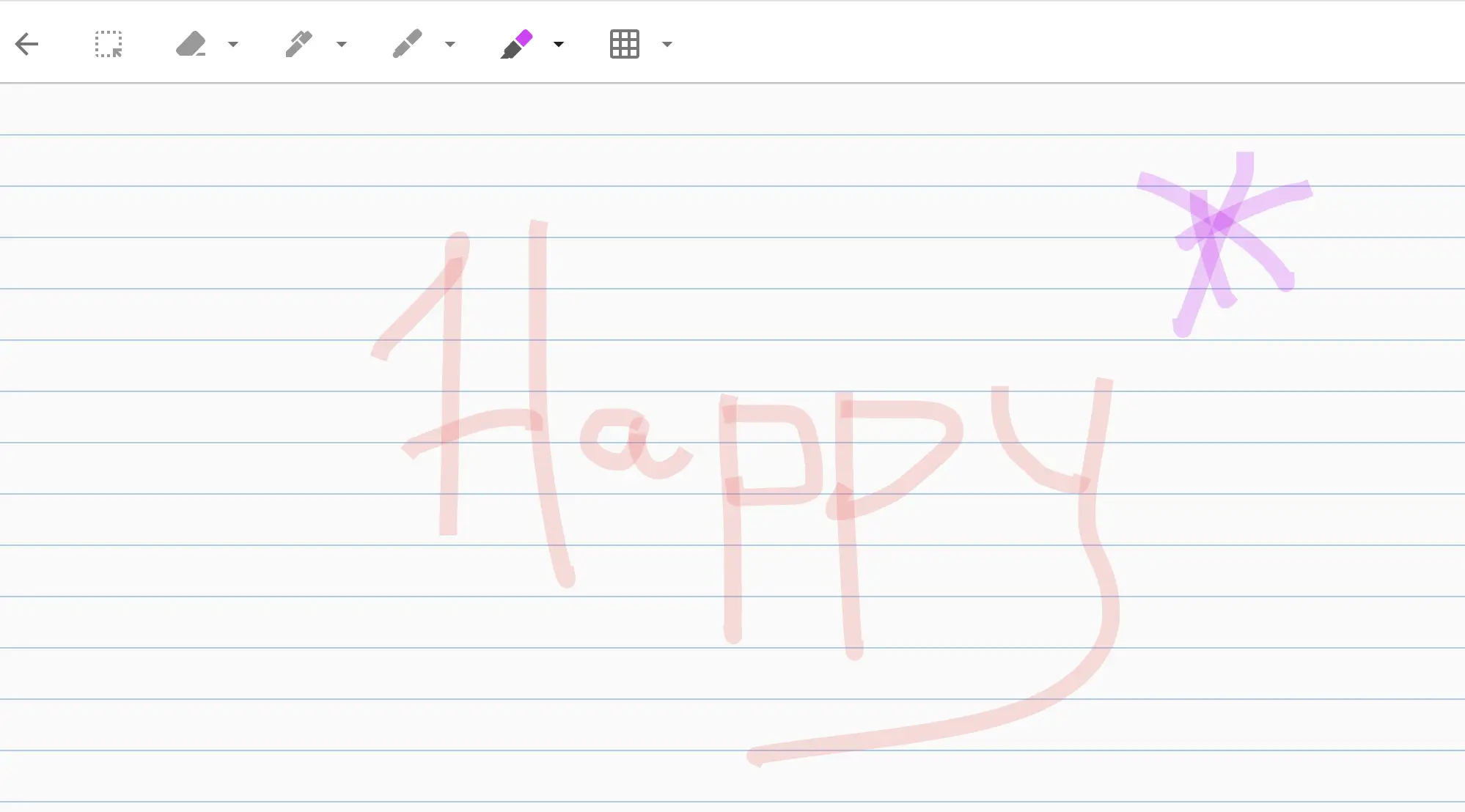 Screenshot of a handwritten note on lined paper within Google Keep. The note says âHappyâ in large pink letters, with a purple star drawn above it.