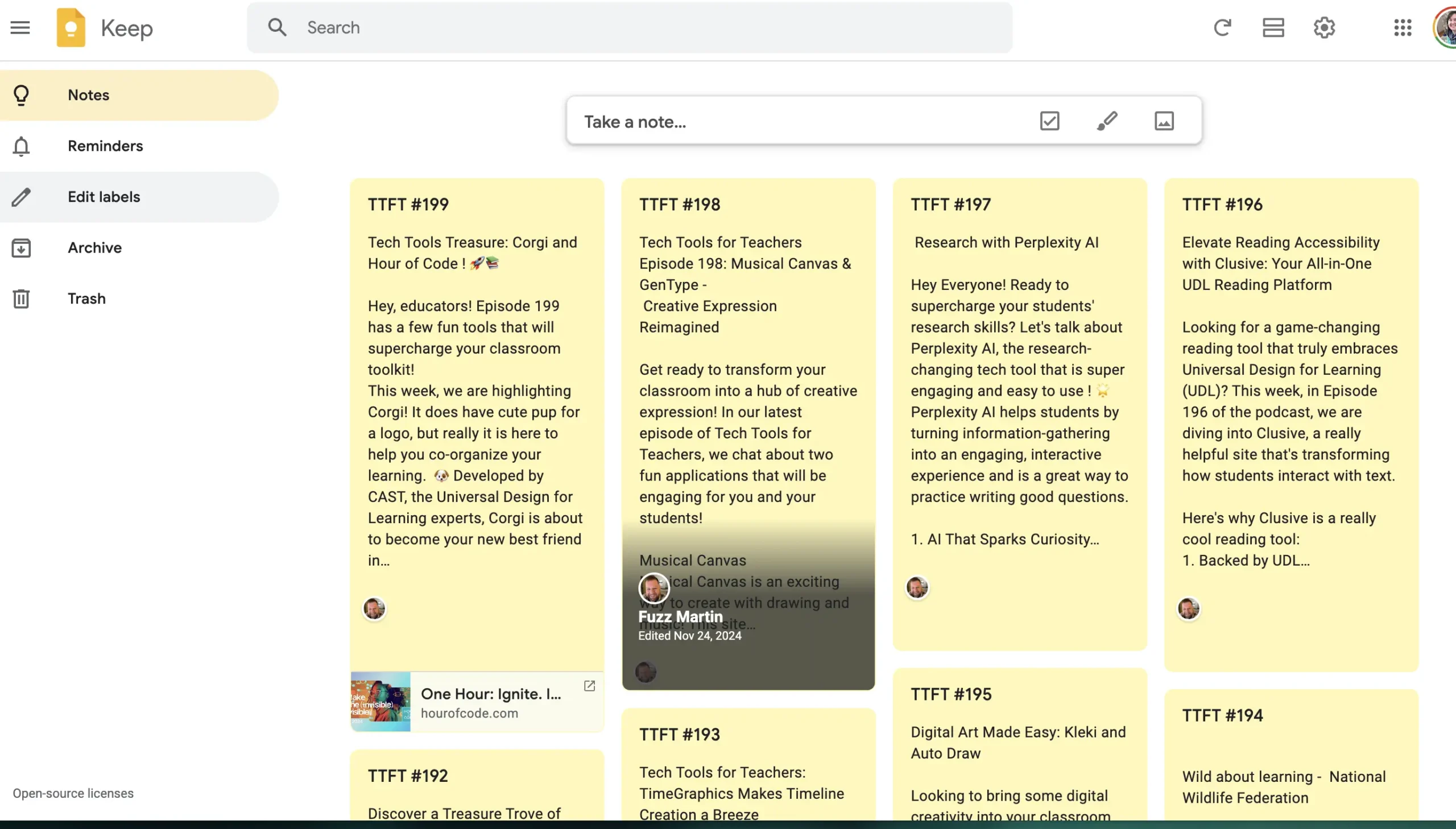 Screenshot of the Google Keep homepage with multiple notes visible. Notes are organized as yellow cards with titles such as âTTFT #199,â âTTFT #198,â and âTTFT #197,â featuring topics related to educational tools and podcasts.