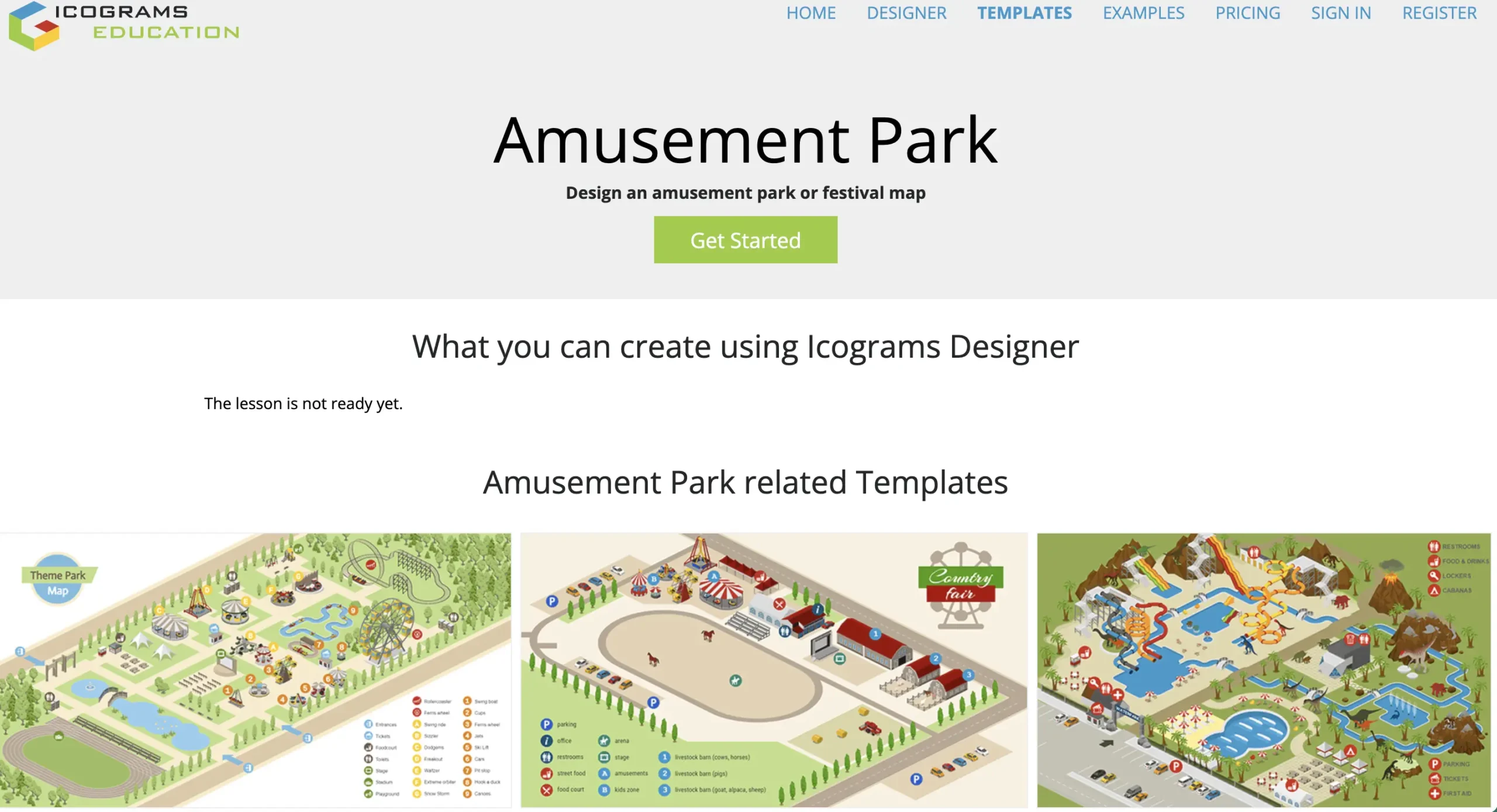A colorful isometric map of a waterpark featuring multiple water slides, swimming pools, a lazy river, and surrounding amenities such as restrooms, food stalls, and cabanas. The map includes icons for parking, first aid, and ticketing areas, with a dinosaur and volcano theme.