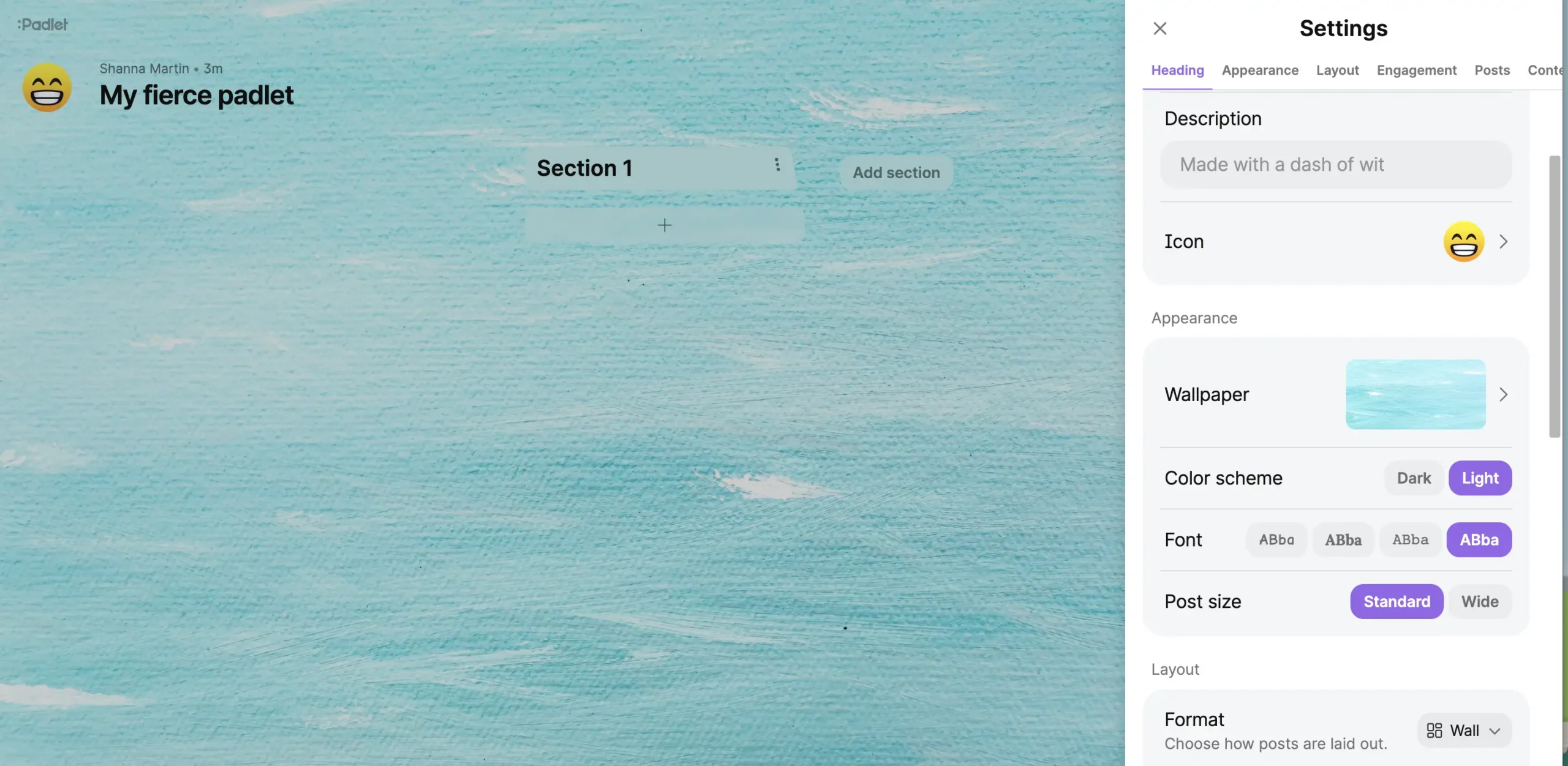 Screenshot of Padlet settings showing customization options for a padlet titled âMy fierce padletâ by Shanna Martin. Options include descriptions, icons, wallpapers, color schemes, fonts, post size, and layout format.