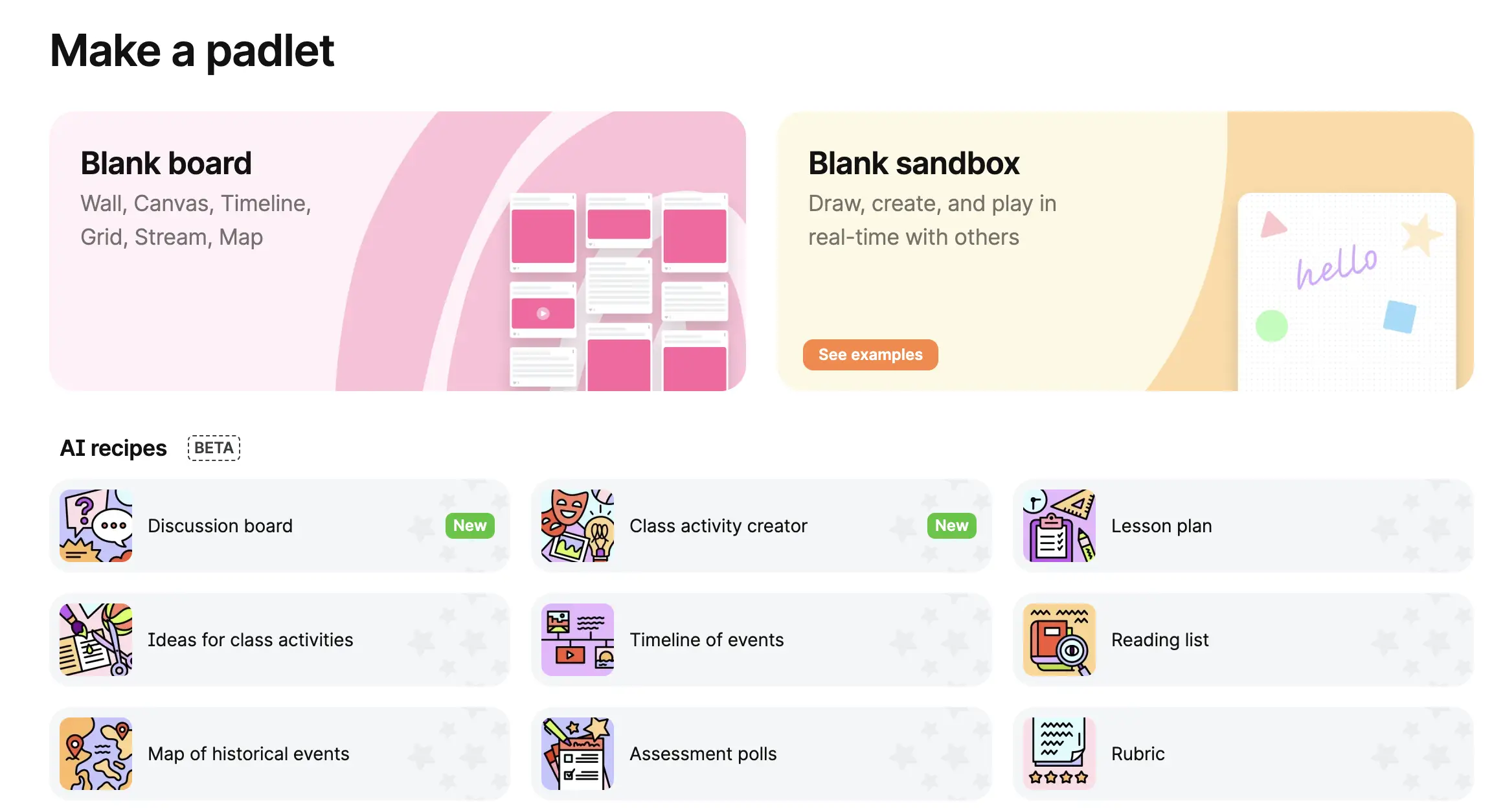 Screenshot of Padletâs âMake a padletâ interface, showcasing options like âBlank boardâ and âBlank sandbox.â Below are AI recipes labeled as beta, including âDiscussion board,â âClass activity creator,â âLesson plan,â âTimeline of events,â and more, each with colorful icons.