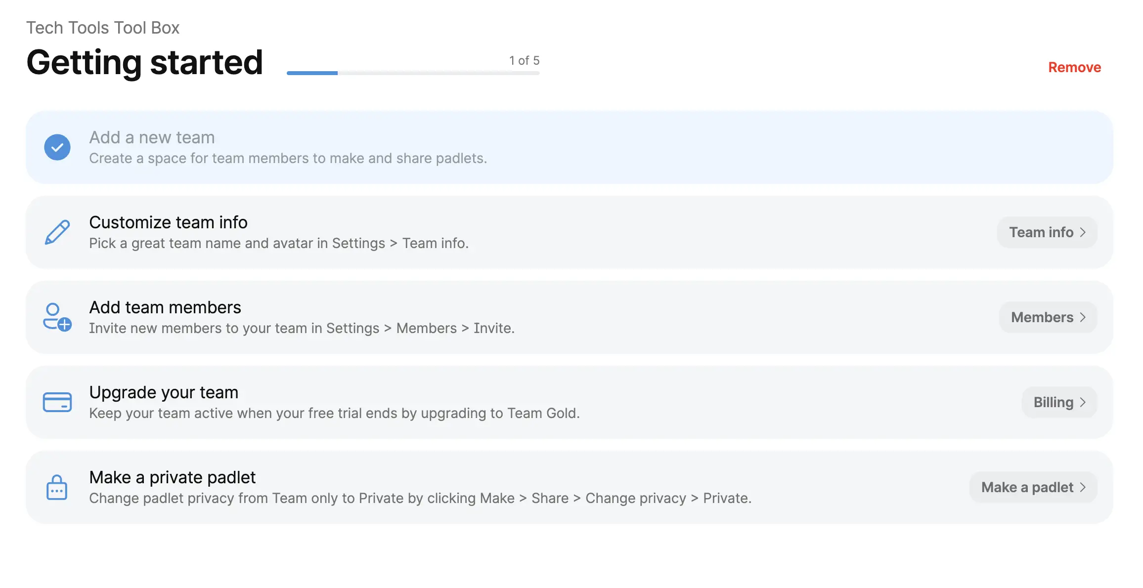 Screenshot of Padletâs âGetting Startedâ guide. Steps include adding a new team, customizing team info, adding team members, upgrading the team, and making a private padlet. Each step includes a brief description and links to related settings.