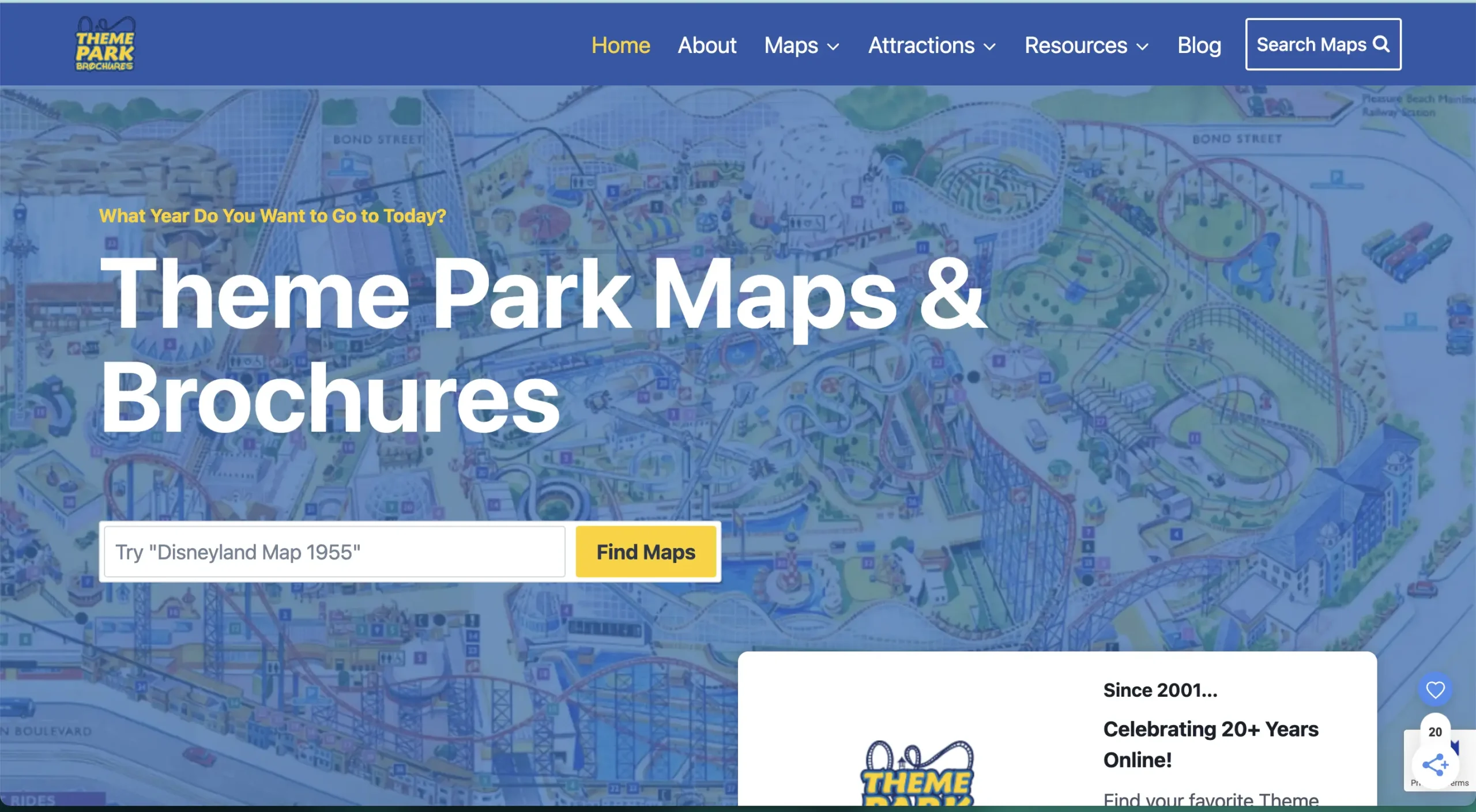 Website header for Theme Park Maps & Brochures, showcasing a detailed theme park map in the background with roller coasters and attractions. A search bar prompts users to find specific maps, with text promoting 20+ years of online availability.