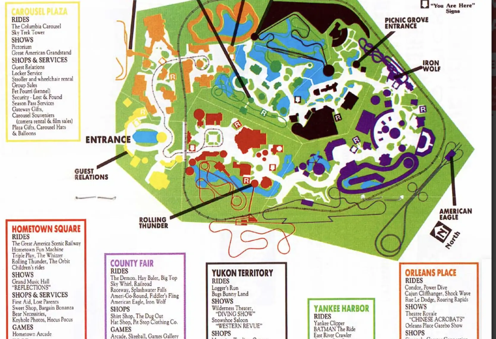 A classic theme park map divided into zones such as County Fair, Yukon Territory, and Orleans Place. Each section is color-coded and features labeled attractions, rides, shows, and amenities.