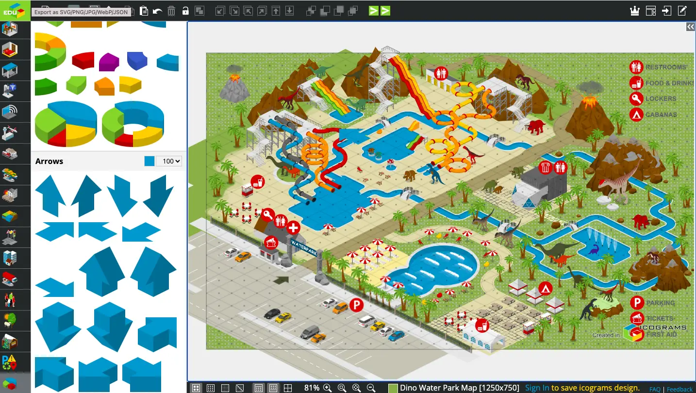 An isometric map of a dinosaur-themed water park featuring water slides, swimming pools, a lazy river, and surrounding attractions. The map highlights amenities such as restrooms, food and drink stalls, cabanas, and lockers with red icons. The park includes dinosaurs, volcanoes, palm trees, and parking areas in the foreground. The design is displayed within the Icograms Designer interface, showing additional diagram elements and tools on the left side.
