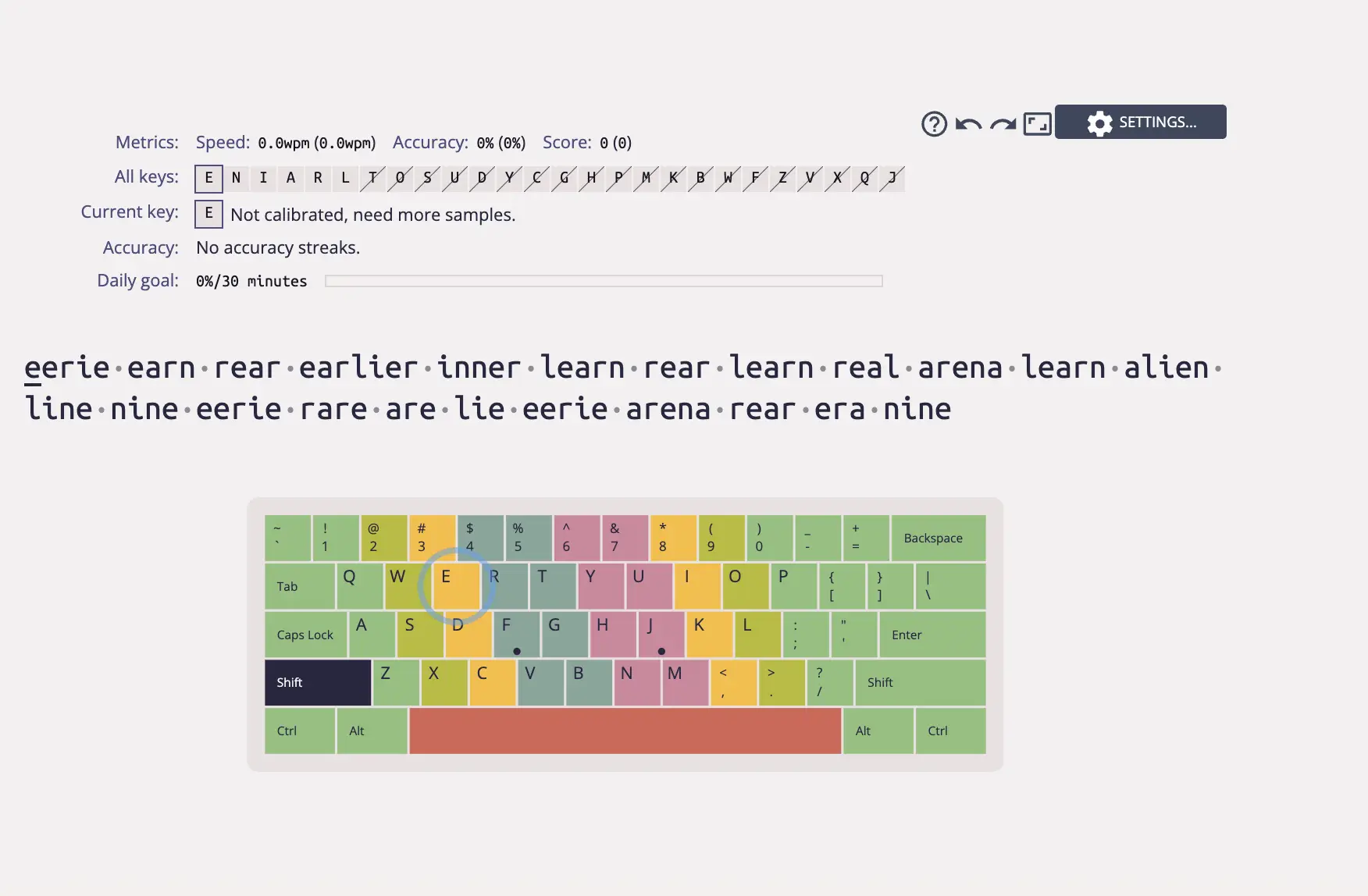 Another screenshot from Keybr.com showing an adaptive typing exercise. A sequence of words is displayed for typing practice, and the visual keyboard highlights key areas. The metrics at the top indicate accuracy, speed, and progress toward the daily goal. The interface is clean, with a minimalistic design focusing on skill-building.
