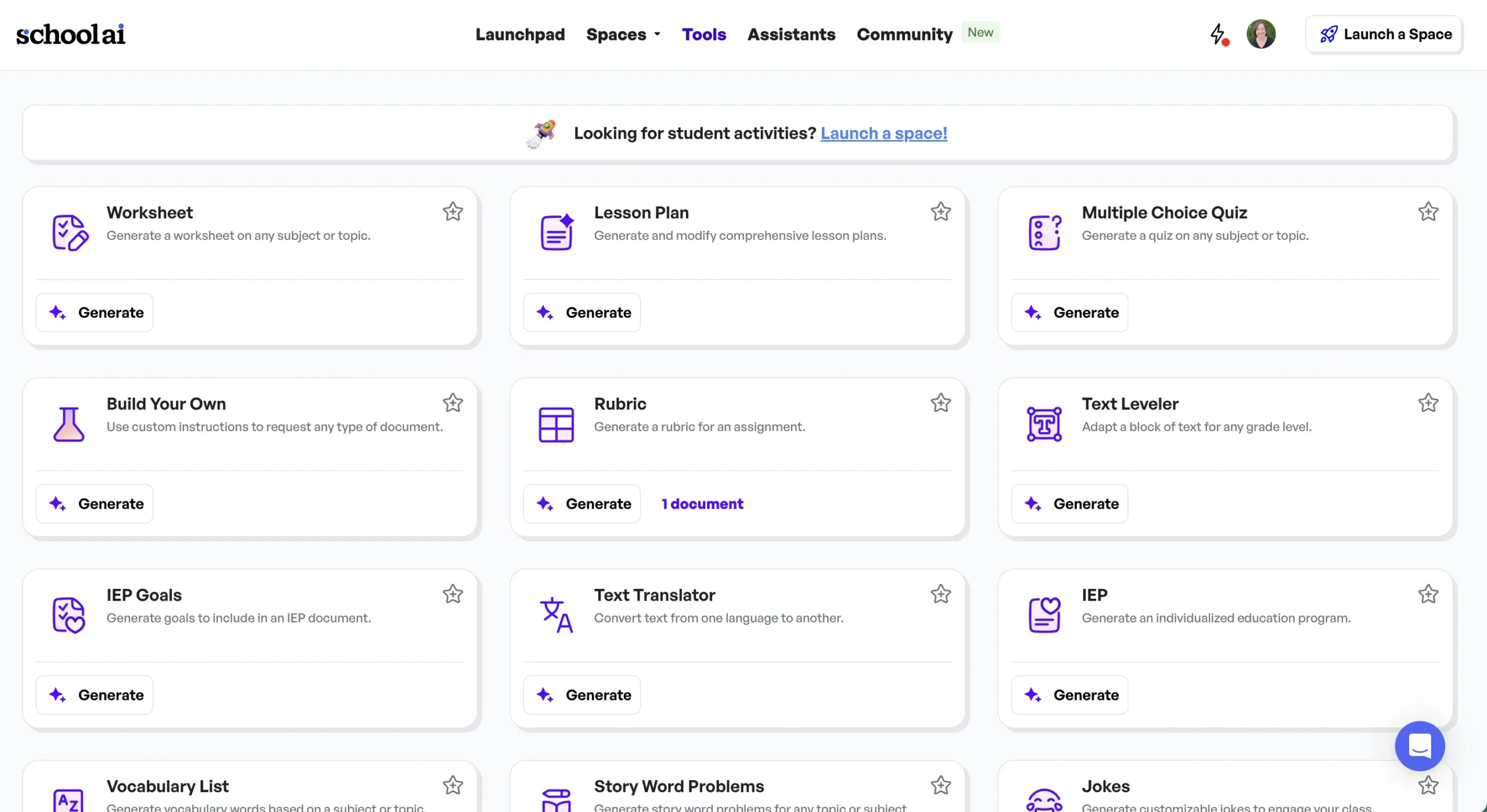 A screenshot of the SchoolAI platform’s ‘Tools’ section displaying various AI-powered educational tools. Options include ‘Worksheet,’ ‘Lesson Plan,’ ‘Multiple Choice Quiz,’ ‘Rubric,’ ‘IEP Goals,’ ‘Text Translator,’ ‘Story Word Problems,’ and more, each with a ‘Generate’ button. The interface has a clean layout with icons and text descriptions.