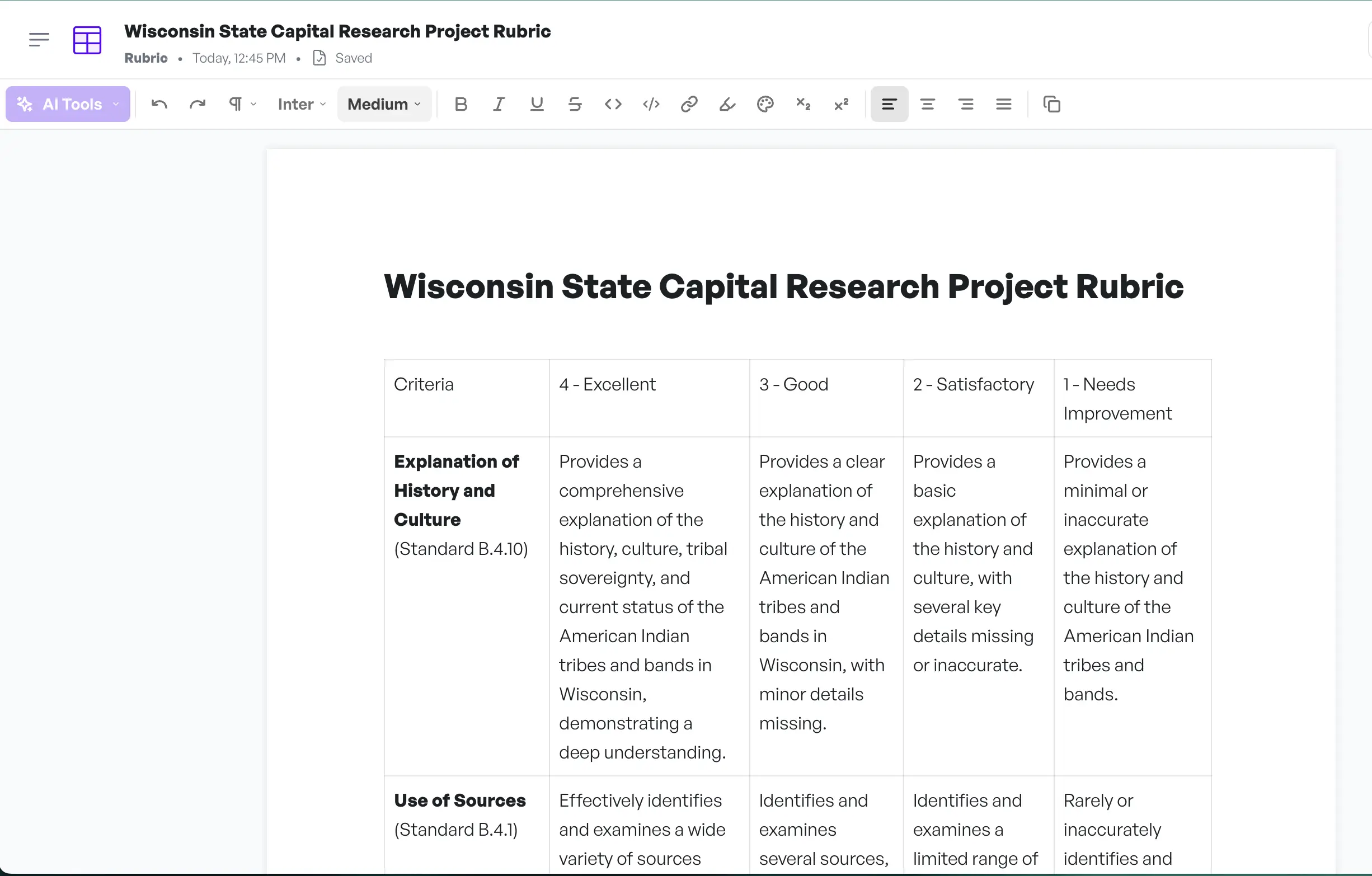 A digital rubric document titled ‘Wisconsin State Capital Research Project Rubric.’ The rubric includes a table with four criteria levels: Excellent, Good, Satisfactory, and Needs Improvement. The criteria listed include ‘Explanation of History and Culture’ and ‘Use of Sources,’ with detailed descriptions for each rating level.