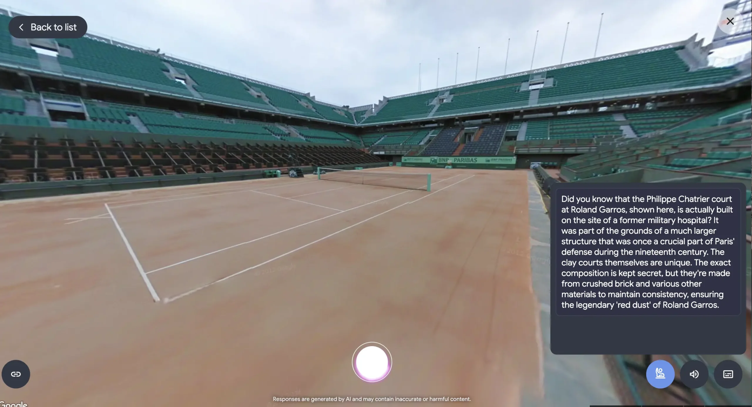 Screenshot from Google Arts & Culture’s Talking Tours featuring the Philippe Chatrier tennis court at Roland Garros, with the clay court clearly visible and empty stadium seating around it. An information box describes its unique history and construction.