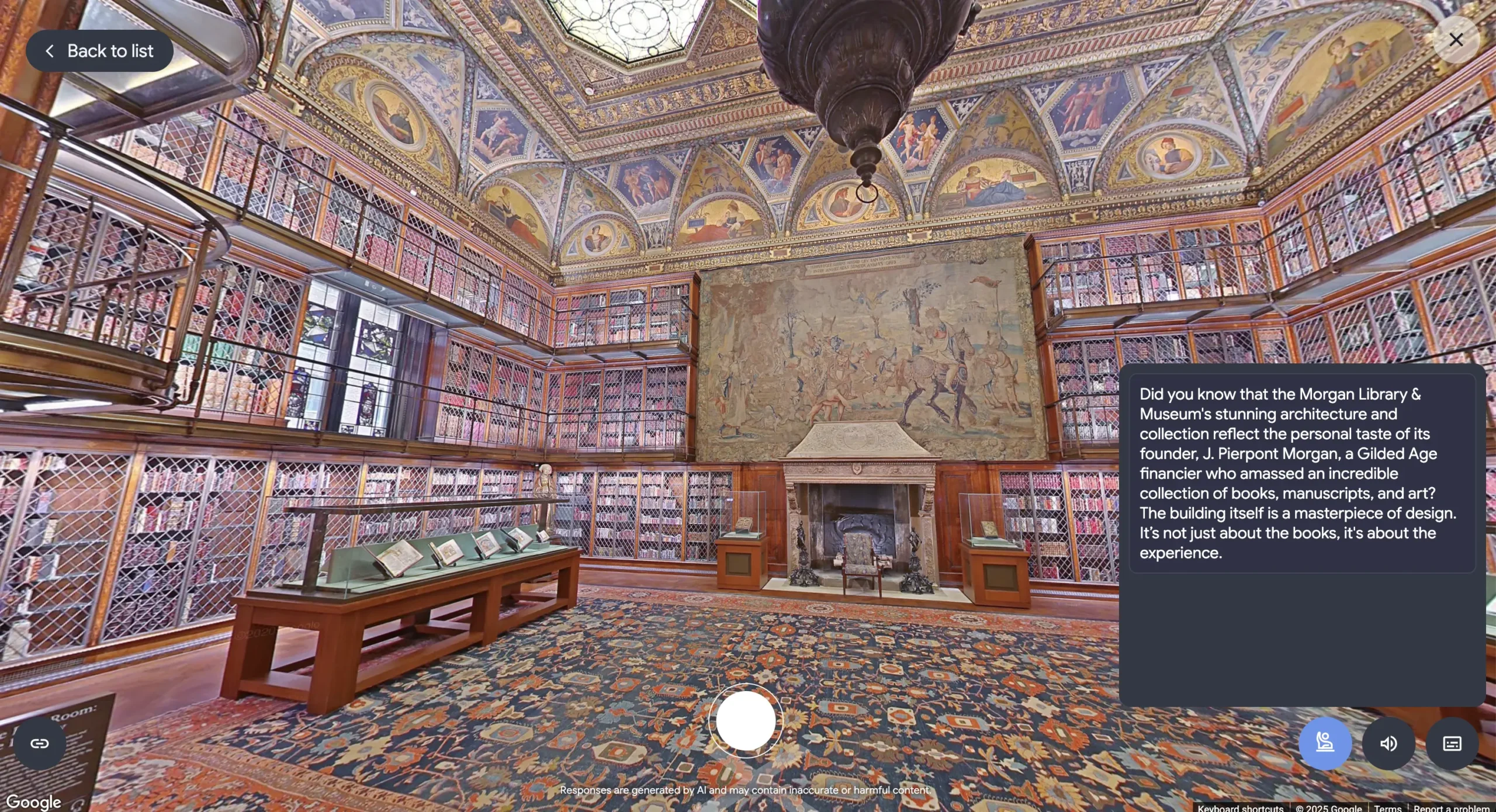 Screenshot from Google Arts & Culture’s Talking Tours, showcasing the ornate interior of the Morgan Library & Museum, filled with historic books, intricate tapestries, and a richly decorated ceiling. An informational box provides historical context about the location.