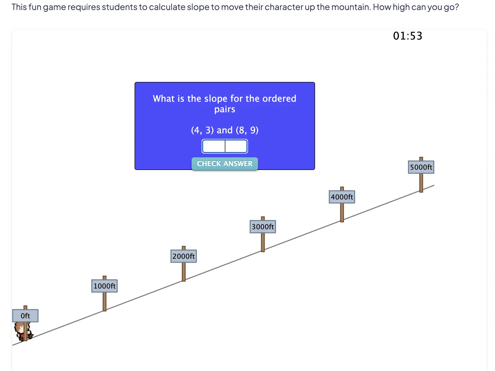 Screenshot of the Moving Day math game from Mr. Nussbaum. The interface features an 8-bit-style moving truck and the text “MOVING HOME” with a checkbox to include surface areas. A pink “Play” button is below the box.