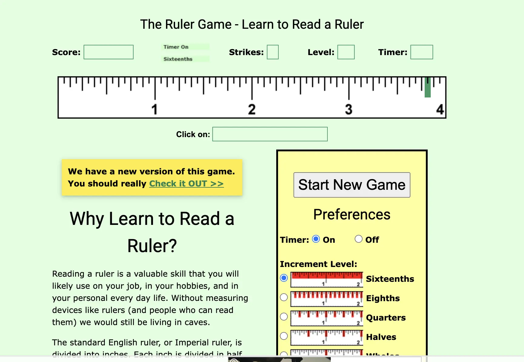Screenshot of the Dial Caliper Game showing a digital dial caliper interface. The dial reads 0 and the caliper slider is set to approximately 1.9 inches. Buttons for adjusting the dial and submitting answers appear on the screen.