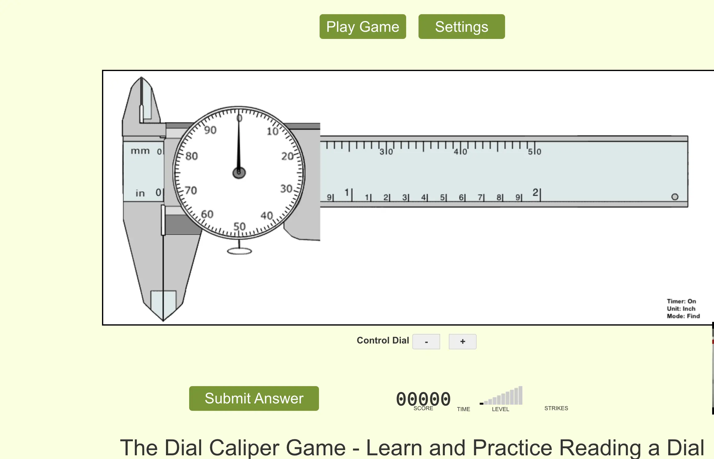 Screenshot of the Ruler Game displaying a ruler marked in sixteenths and an interface for selecting measurements. Includes a yellow pop-up encouraging users to try a new version of the game, along with preference settings for timer and increment level.