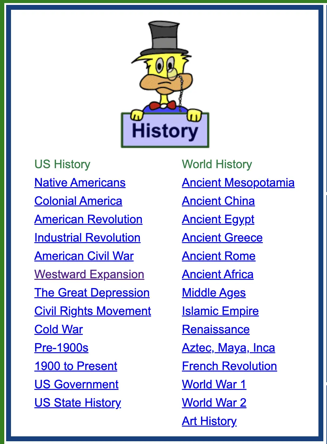 A cartoon duck in a top hat holds a “History” sign above two columns of linked categories. The left column lists US History topics like Native Americans, American Revolution, Civil Rights Movement, and US Government. The right column lists World History topics including Ancient Mesopotamia, Ancient Rome, Middle Ages, Renaissance, and World Wars.