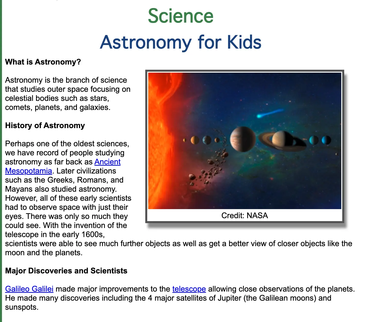 A webpage titled “Science: Astronomy for Kids” with text explaining what astronomy is and a history of astronomy. On the right is an illustration of the solar system with planets lined up in front of a bright, fiery sun. Credit: NASA.