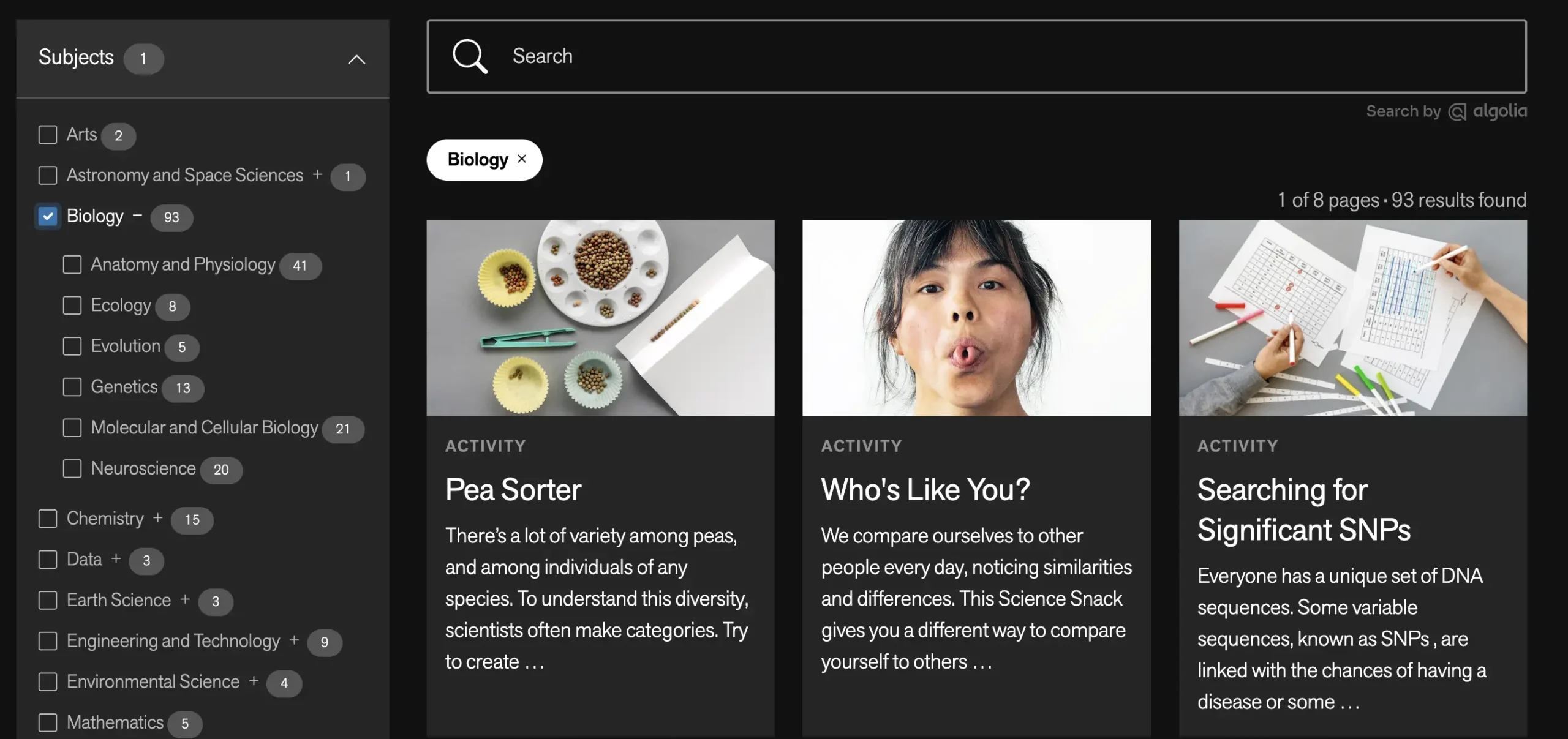 Exploratorium activity search results showing biology lessons such as “Pea Sorter,” “Who’s Like You?,” and “Searching for Significant SNPs,” with a sidebar to filter by science subject areas.