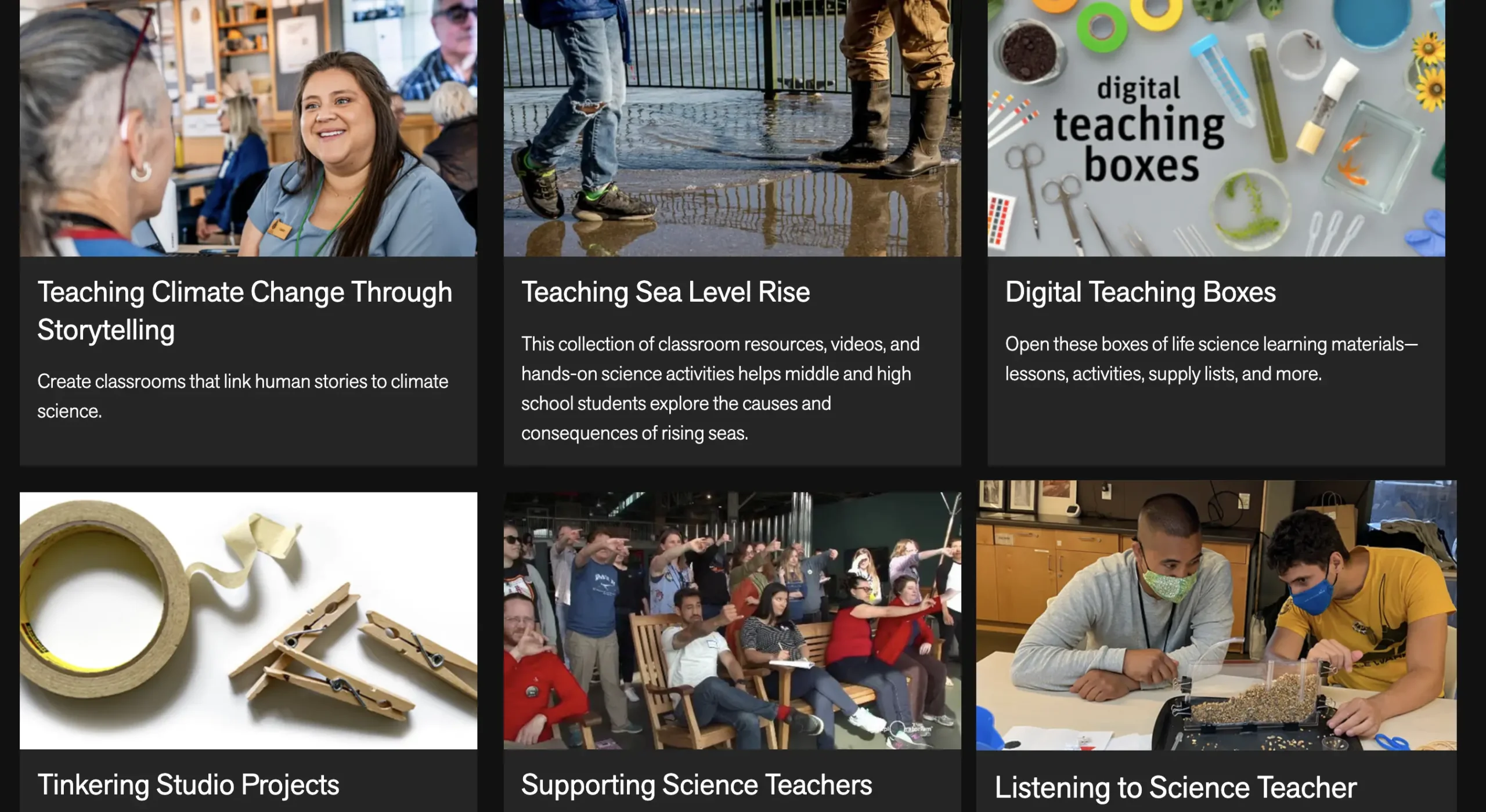 Exploratorium page titled “Tools for Teaching and Learning,” featuring colorful school supplies like scissors, rulers, and paper clips against a blue background.