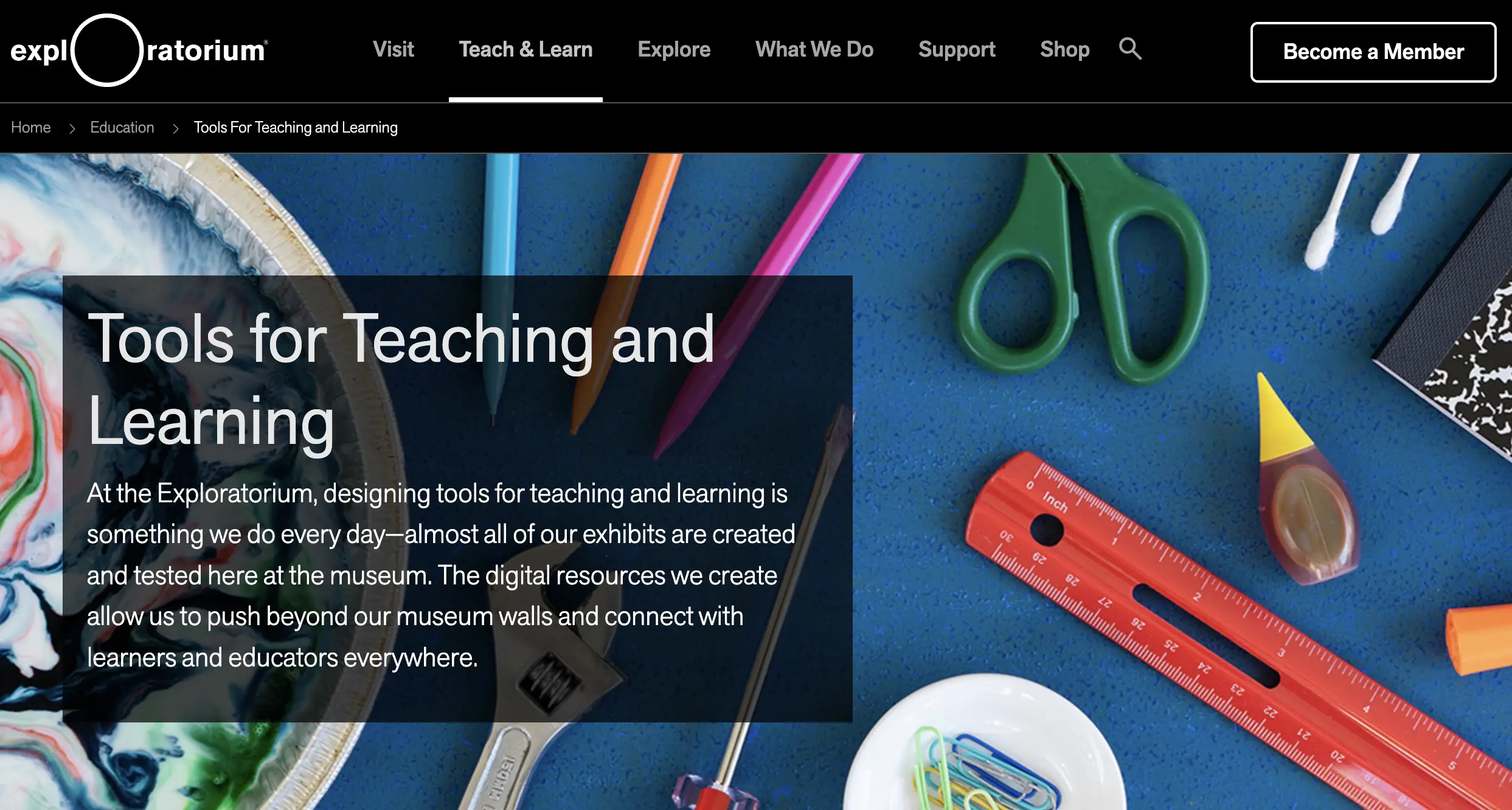 Exploratorium education resources grid featuring projects and teaching materials including Digital Teaching Boxes, Tinkering Studio Projects, and Teaching Climate Change Through Storytelling.