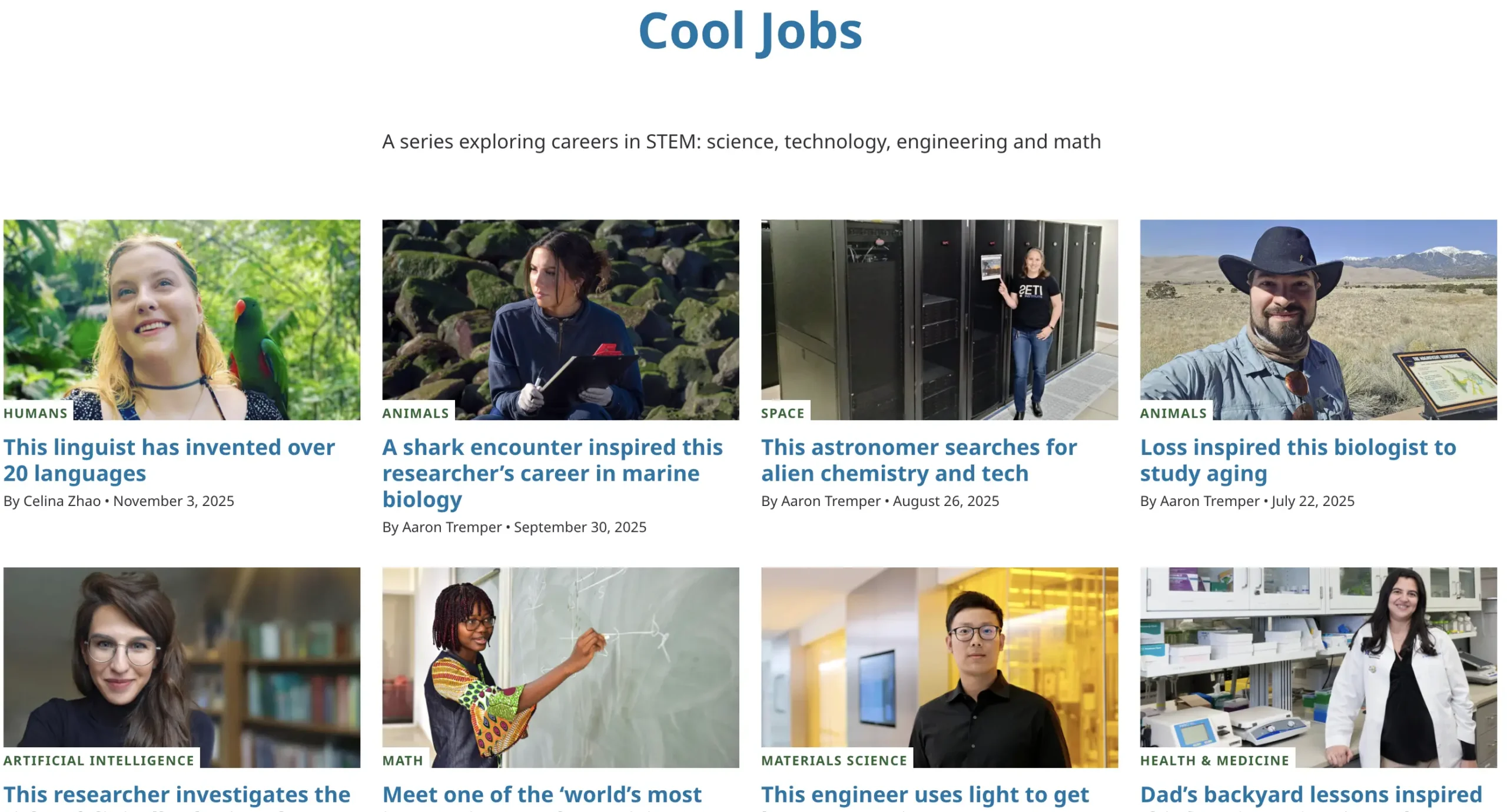 Science News Explores “Cool Jobs” section featuring STEM professionals including a linguist, marine biologist, astronomer, and materials engineer, each pictured in their work environments.