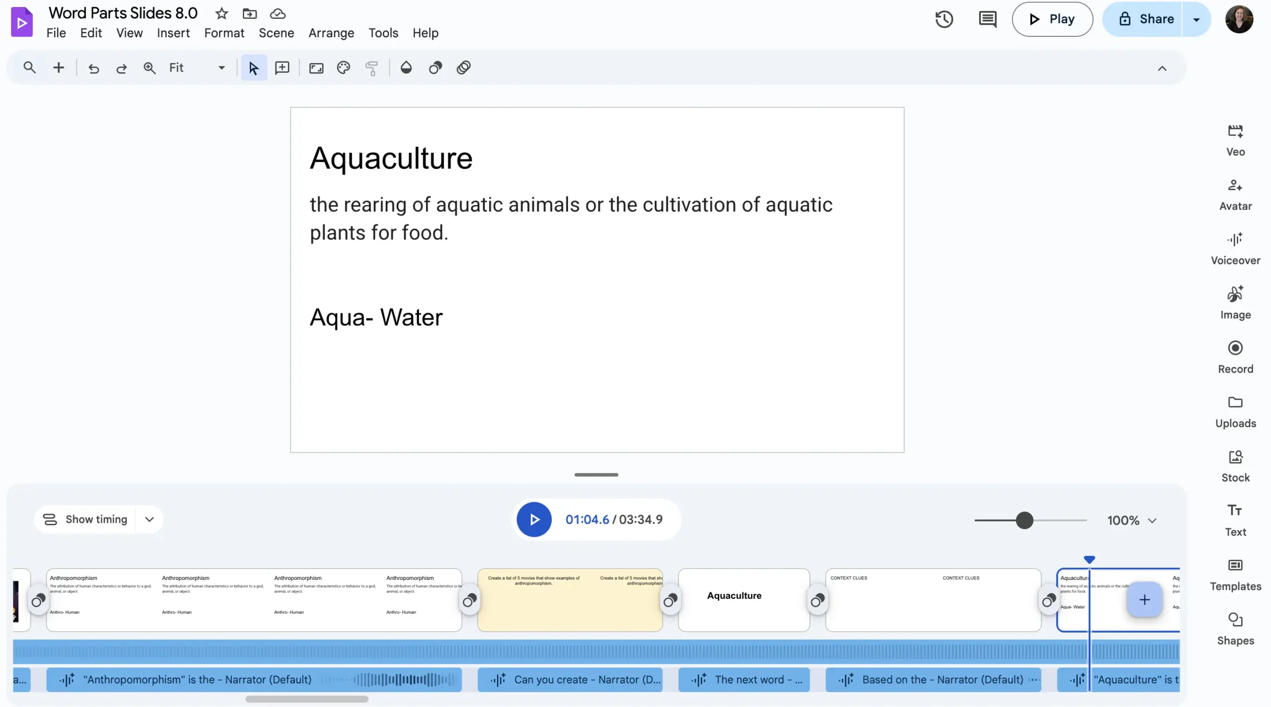 Google Vids project interface with a slide that displays the word “Aquaculture” and its definition. The bottom shows the video timeline, with voiceover segments and multiple slides arranged for editing.