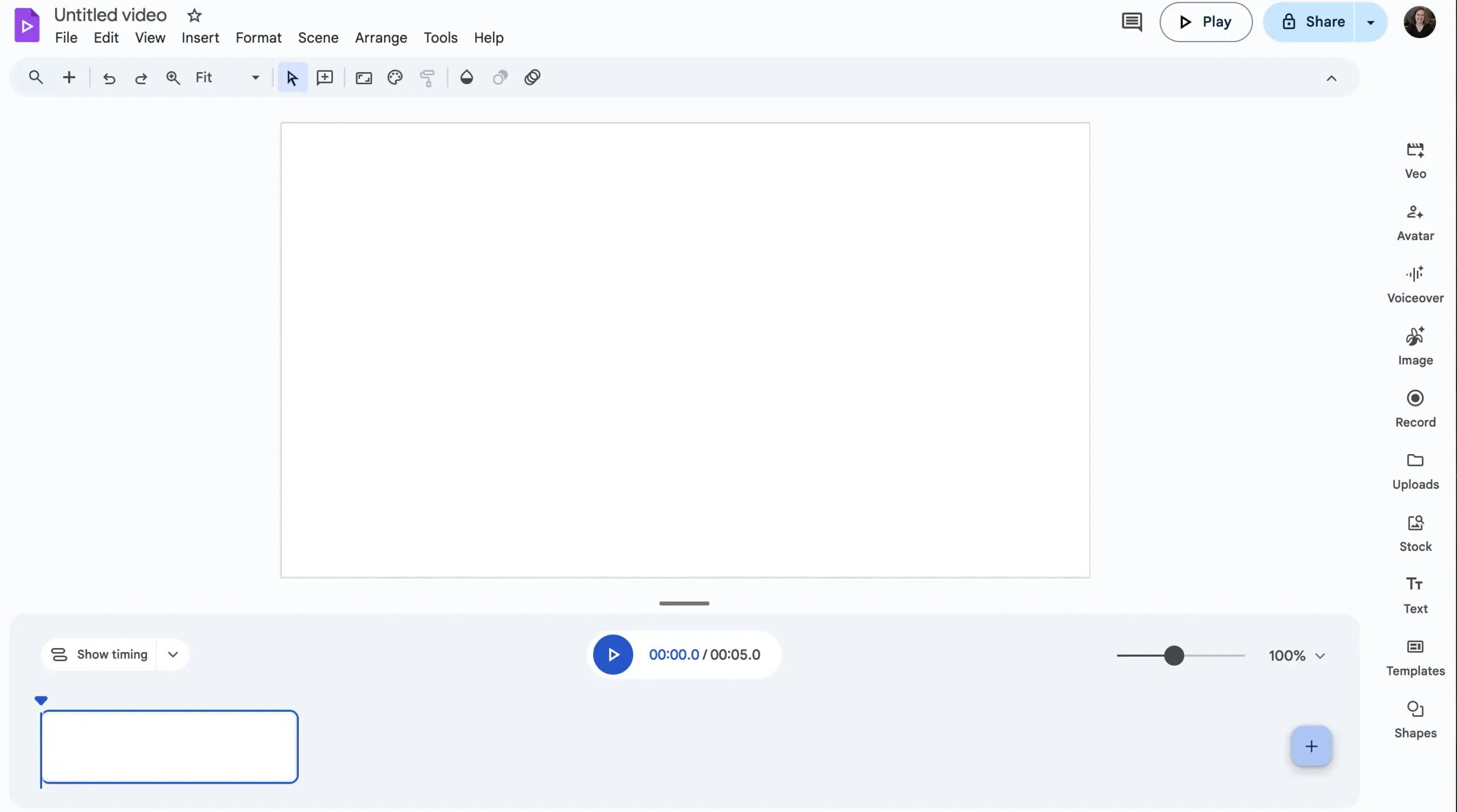 Blank video project interface in Google Vids. A white canvas is displayed with no content added yet. The right sidebar includes tools for adding avatars, images, recordings, and other media. The timeline is empty at the bottom.