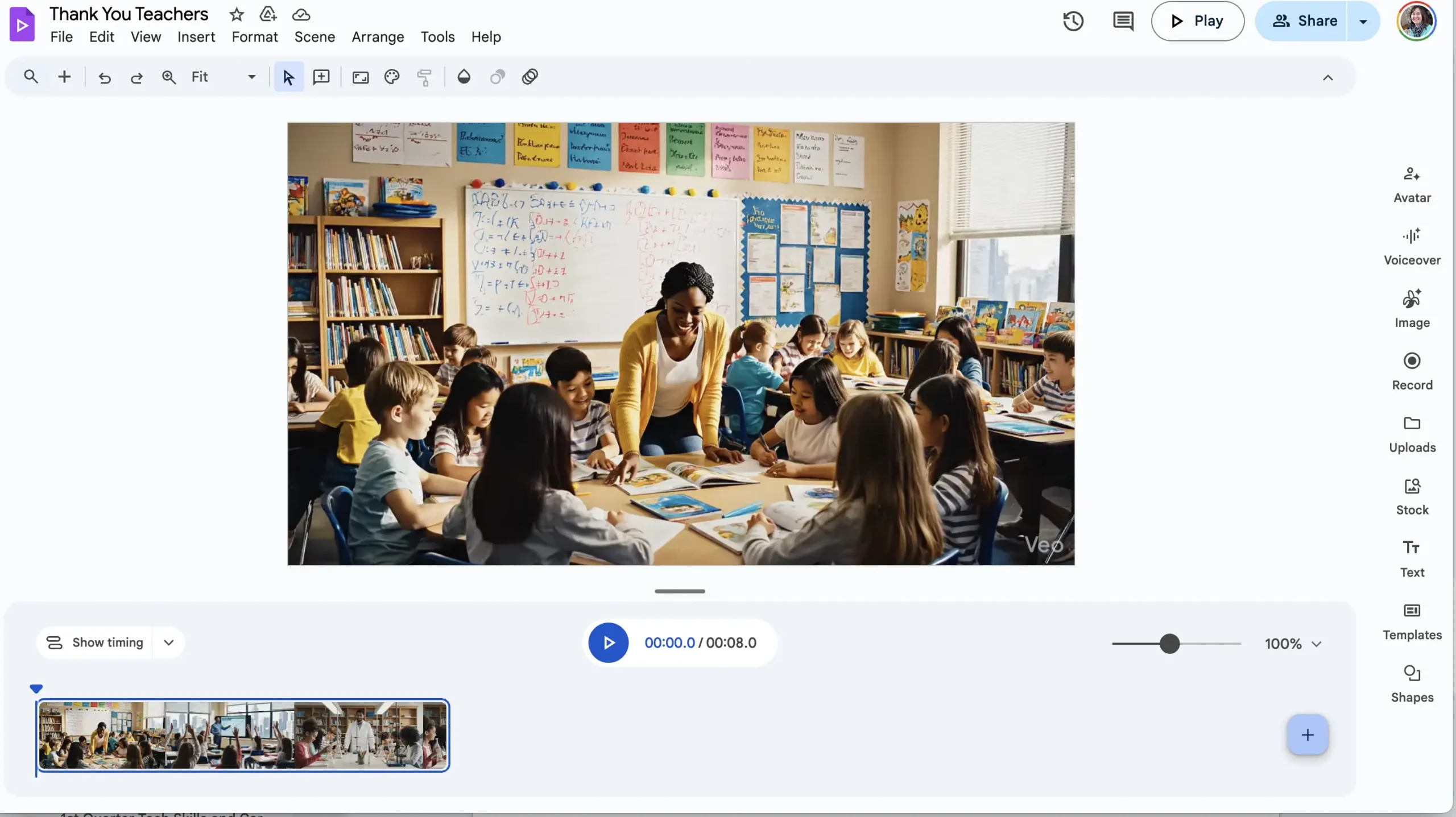 Google Vids editor interface showing a classroom video titled “Thank You Teachers.” A teacher is engaging with a group of elementary students around a table. The right sidebar includes tools like Avatar, Voiceover, Image, and Templates.