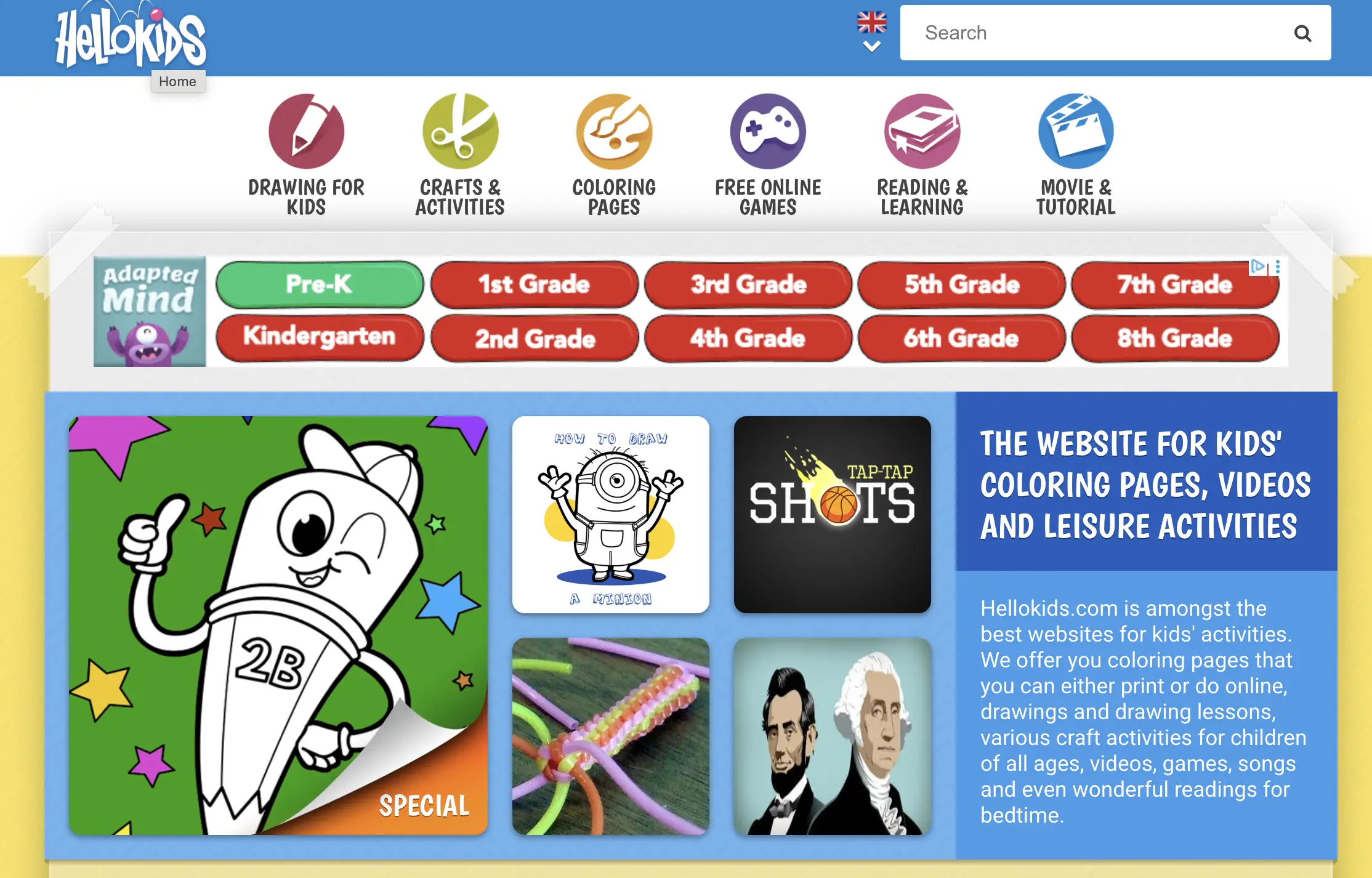 Screenshot of the HelloKids homepage showing colorful navigation buttons for drawing, crafts, coloring, games, reading, and movies. Grade level buttons from Pre-K to 8th grade are displayed below. Featured content includes a cartoon pencil character, a “How to Draw a Minion” guide, a basketball game called Tap-Tap Shots, and educational icons like U.S. presidents.
