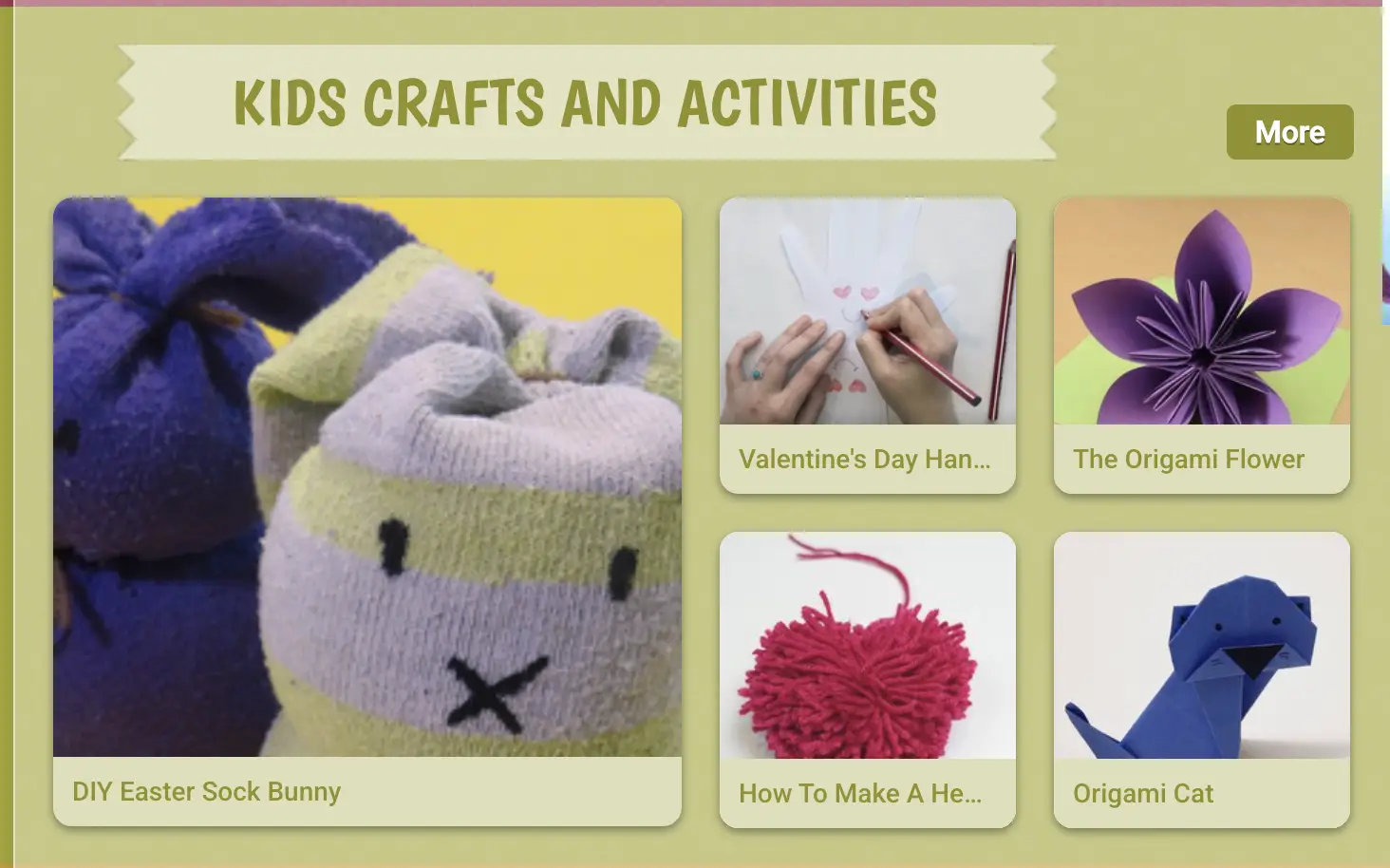 Section titled “Kids Crafts and Activities” featuring five thumbnails: a DIY Easter sock bunny made from pastel socks, a handprint Valentine’s craft in progress, a purple origami flower, a red yarn heart, and a blue origami cat.