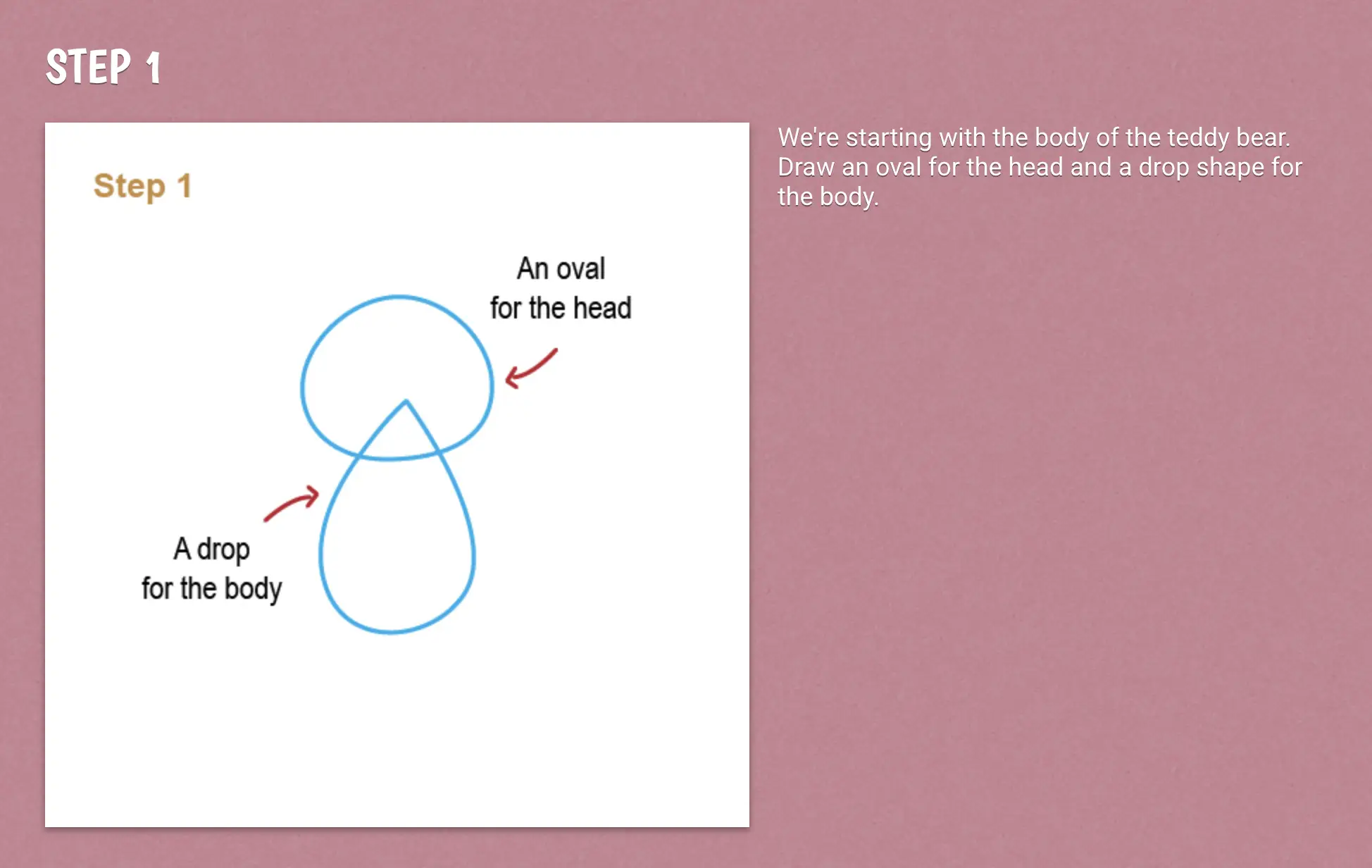 Drawing tutorial labeled “Step 1” with two overlapping blue outlines: an oval labeled “An oval for the head” and a teardrop shape labeled “A drop for the body,” showing the first step in drawing a teddy bear. Instructions on the right say to start with the body using those two shapes.