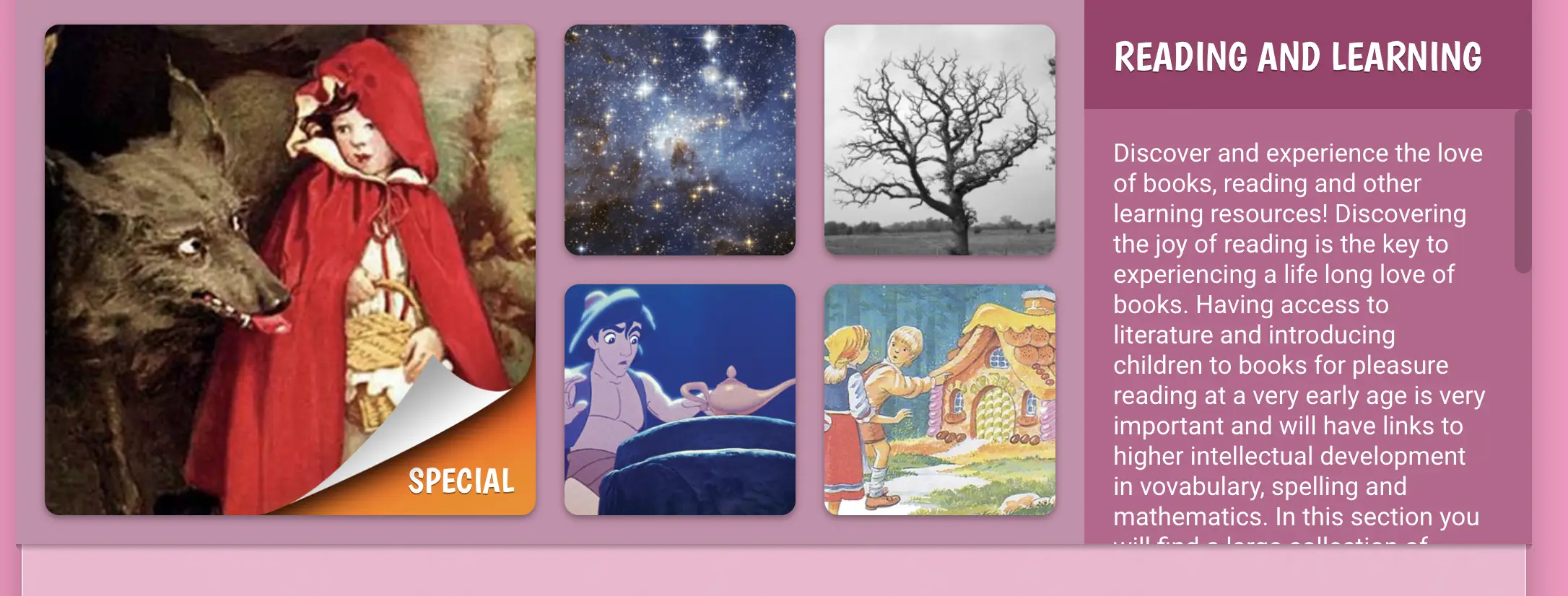 Section titled “Reading and Learning” featuring a large image of Little Red Riding Hood with the wolf, and five small image tiles including outer space, a bare tree, Aladdin with a lamp, and Hansel and Gretel at a candy house. A sidebar paragraph explains the value of reading and accessing literature for early learning and development.