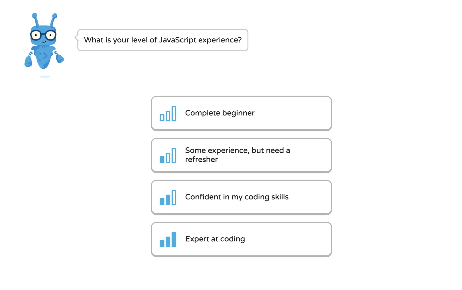 Onboarding screen asking users to select their JavaScript experience level