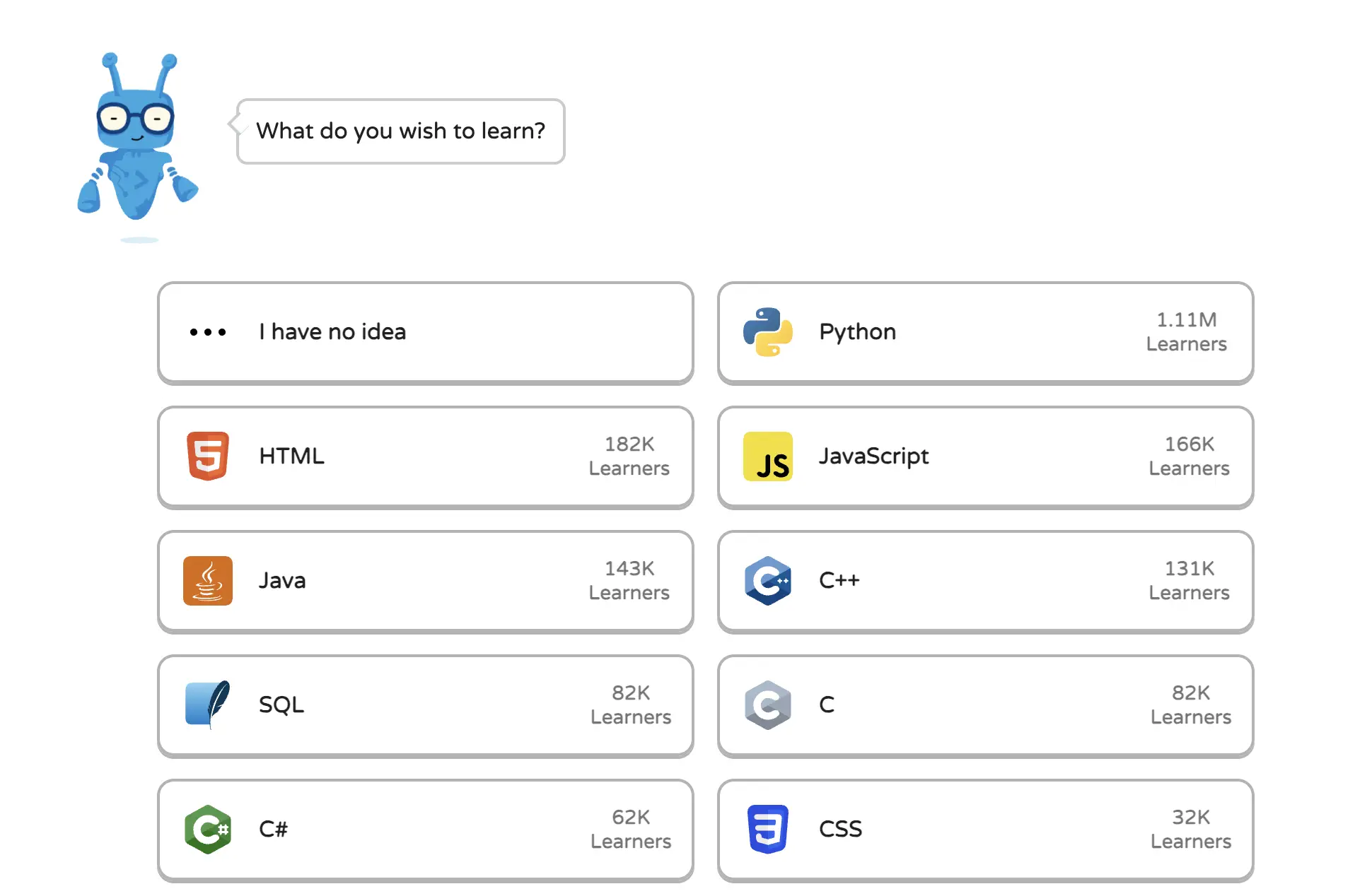 Programming language selection screen with options like Python, JavaScript, HTML, and SQL