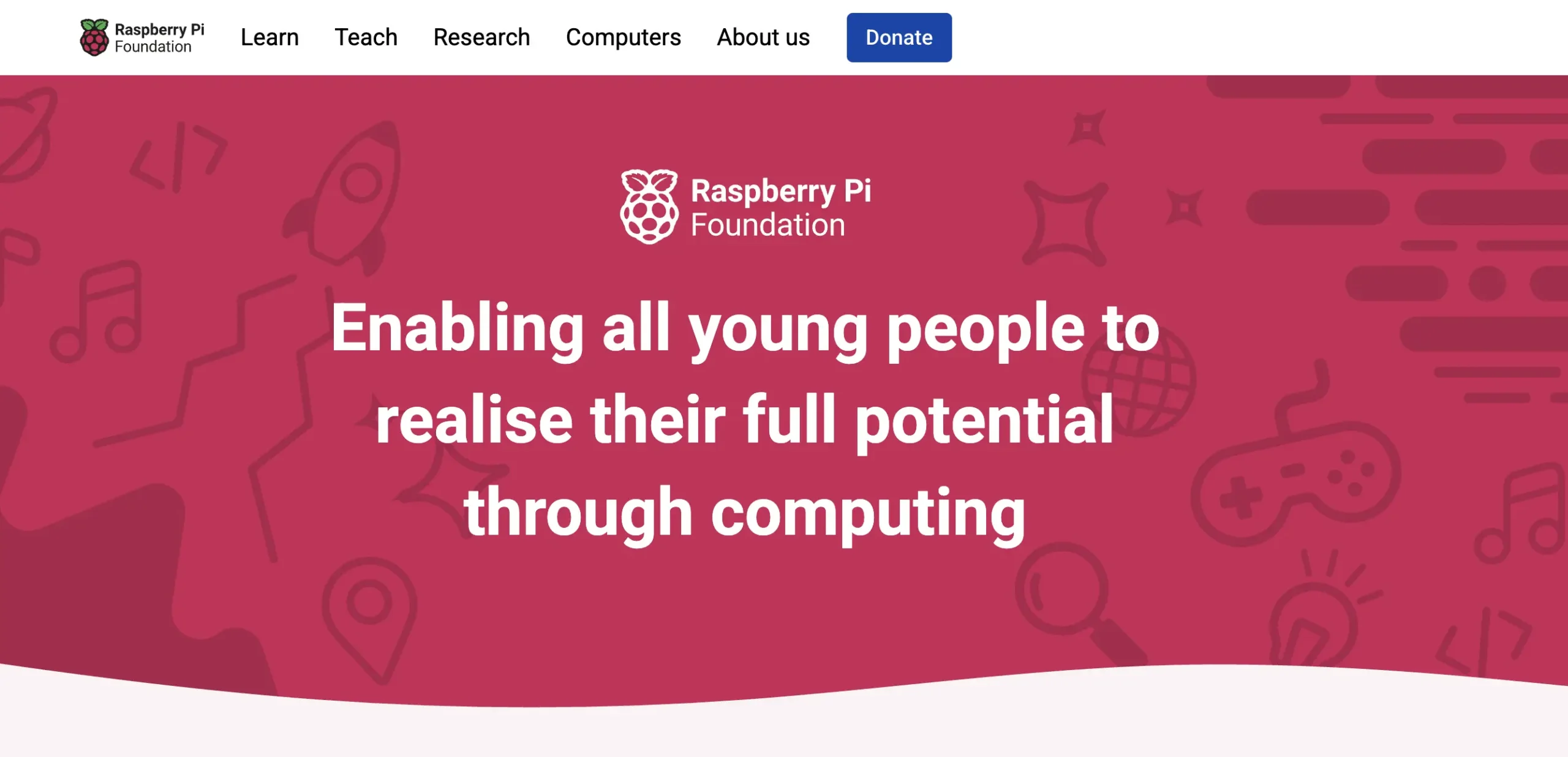 Raspberry Pi Foundation homepage with mission statement about enabling young people through computing