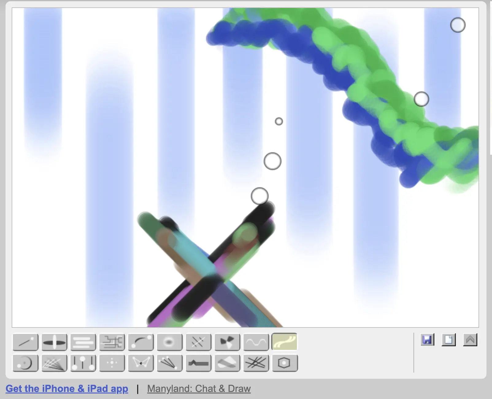 Screenshot of Bomomo digital drawing app showing swirls of red, blue, yellow, and black brushstrokes. Tool buttons are visible at the bottom, with one hexagonal shape selected.
