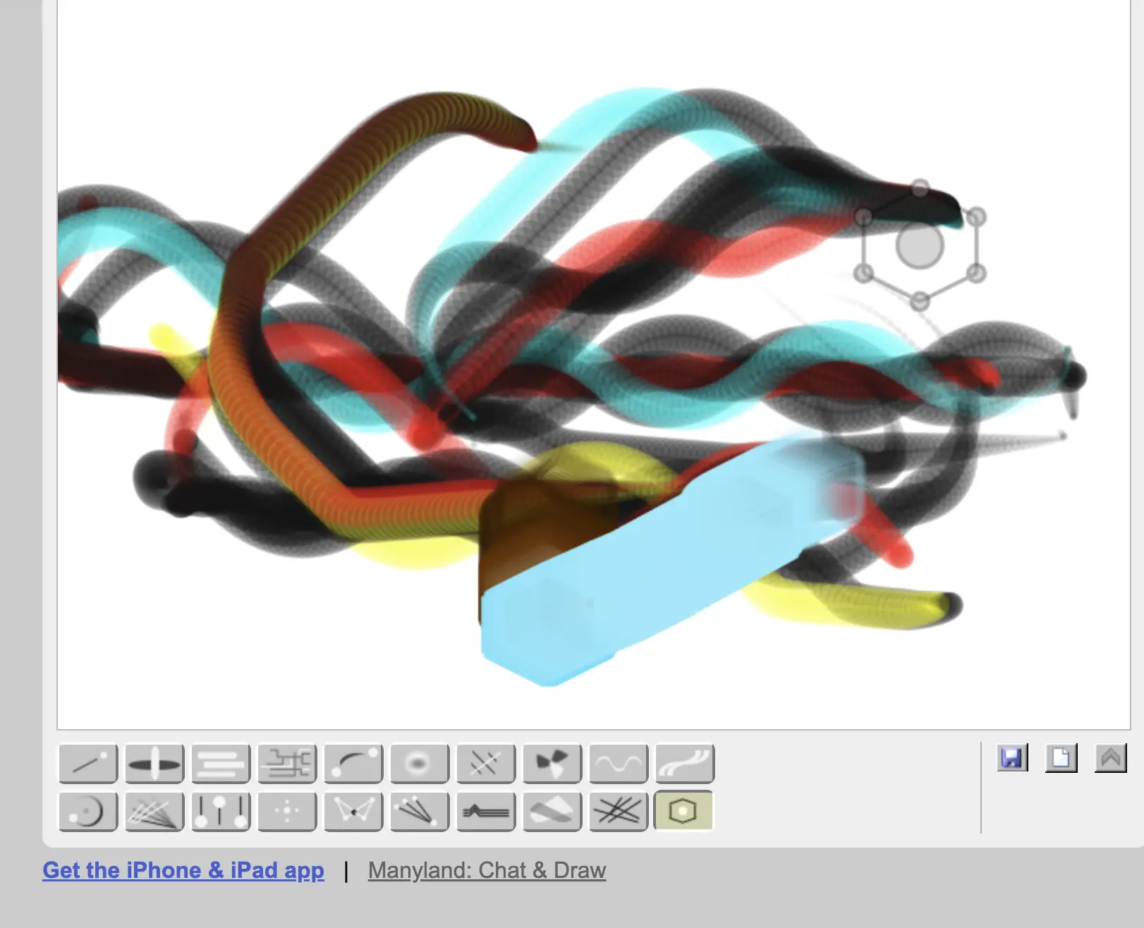 Screenshot of Bomomo artwork featuring colorful overlapping lines in green, blue, and black on a white background. Bubbles and light trails enhance the abstract design. Drawing tools are visible below the canvas.