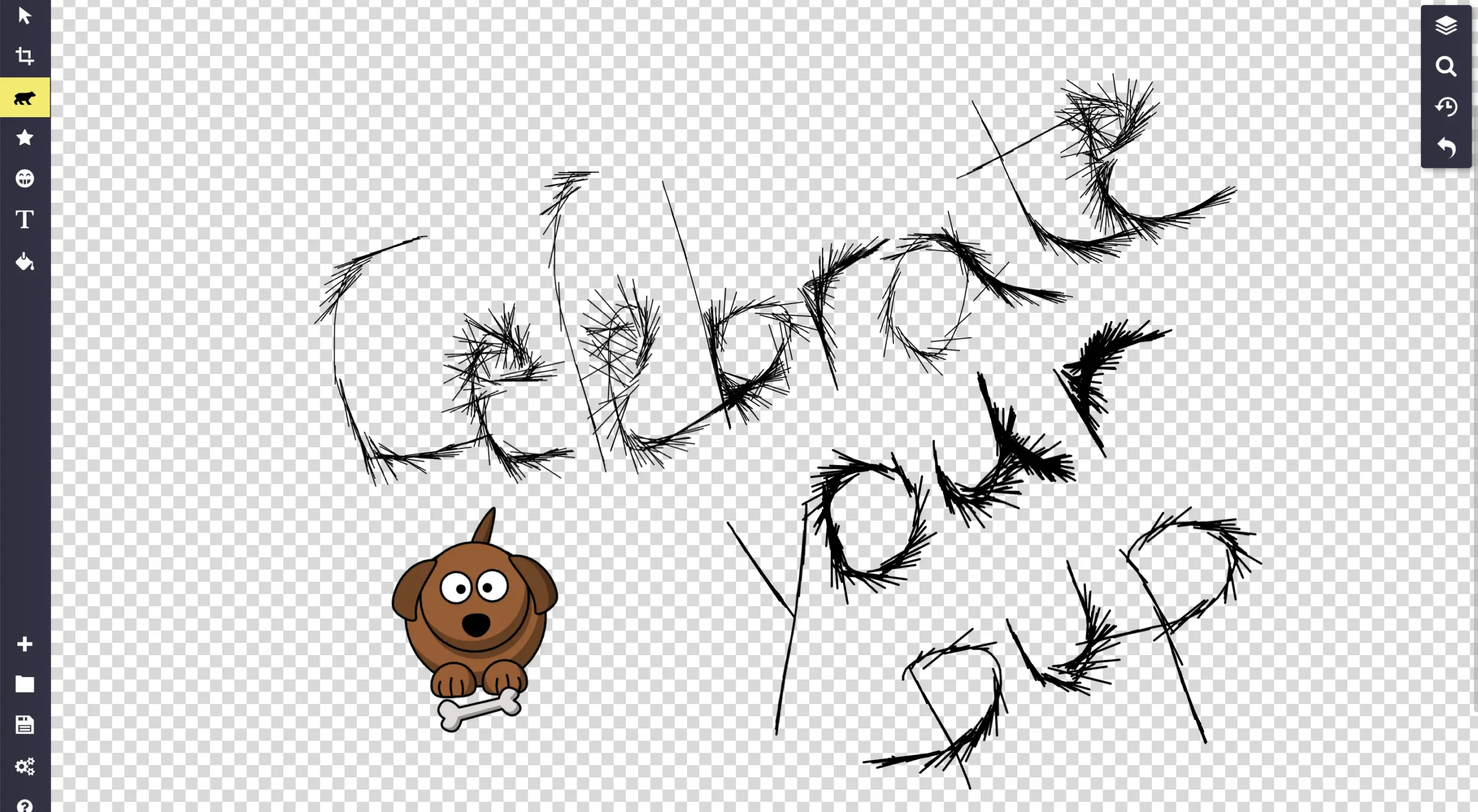 Screenshot of Sketch.io with a transparent grid background. The phrase “Celebrate your pup” is written with a textured brush resembling fur, accompanied by a cartoon dog holding a bone. Brush tool is selected in the toolbar.